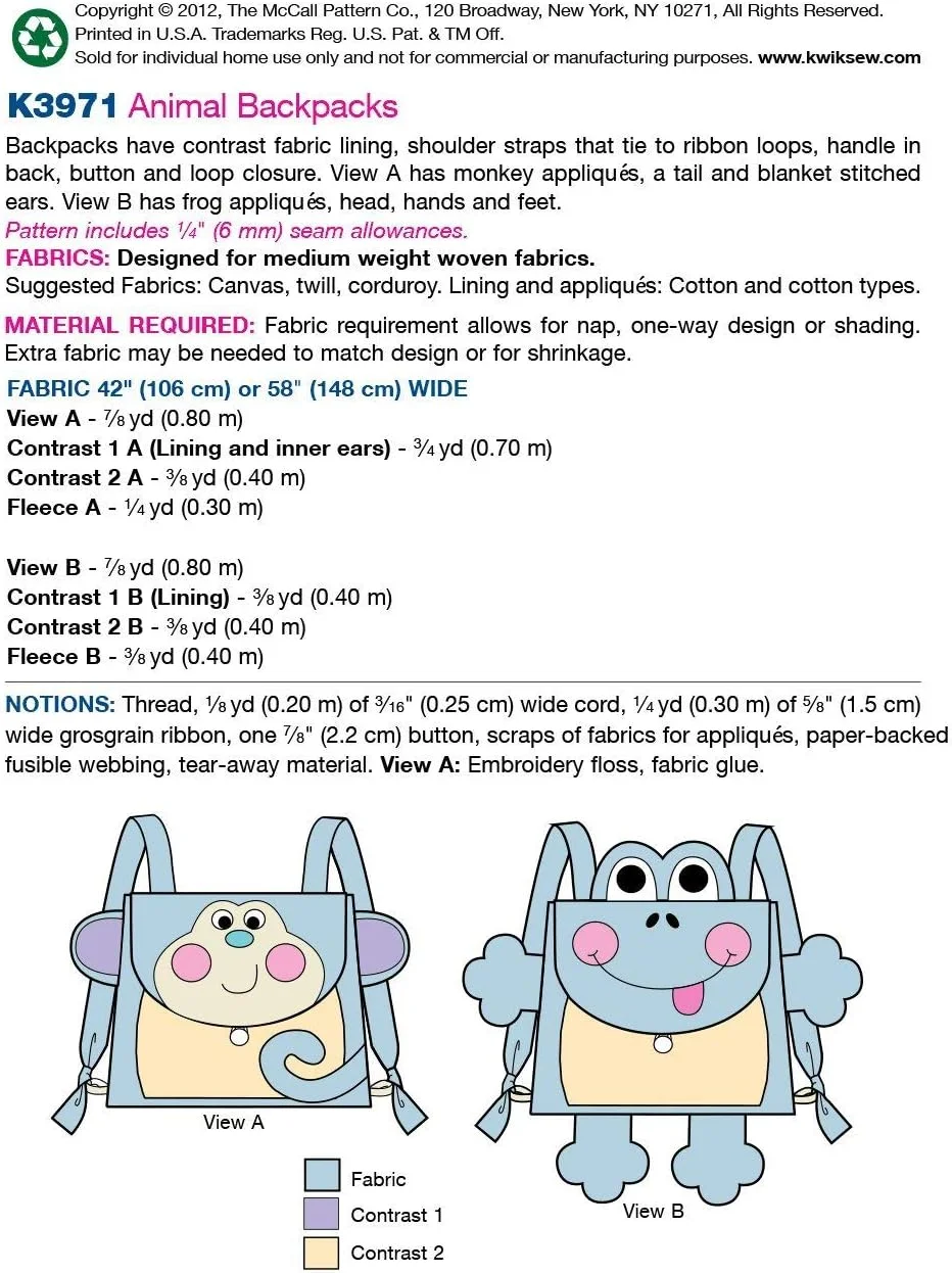 الگوهای خیاطی KWIK-SEW مدل K3971، کوله پشتی، سایز One Size Only، بسته 1 عددی، سفید