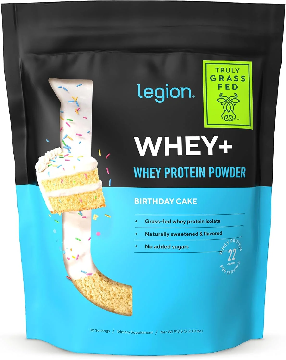 پودر پروتئین وی ایزوله LEGION Whey+ از گاوهای تغذیه شده با علف - کم کربوهیدرات، کم کالری، غیر GMO، بدون لاکتوز، بدون گلوتن، بدون شکر، پروتئین وی ایزوله کاملا طبیعی، (30 سروینگ، کیک تولد)