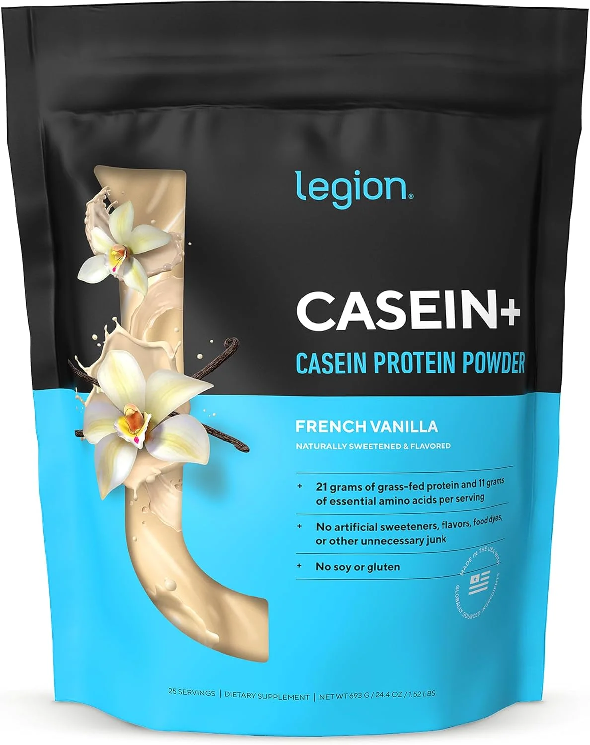 پودر پروتئین کازئین میسلار خالص وانیلی LEGION Casein+ - شیر گاو تغذیه شده با علف غیر GMO، طعم دهنده های طبیعی و استویا، کم کربوهیدرات، مناسب برای کتو - بهترین نوشیدنی ریکاوری عضلات با رهش آهسته قبل از خواب (PM) 2 پوندی