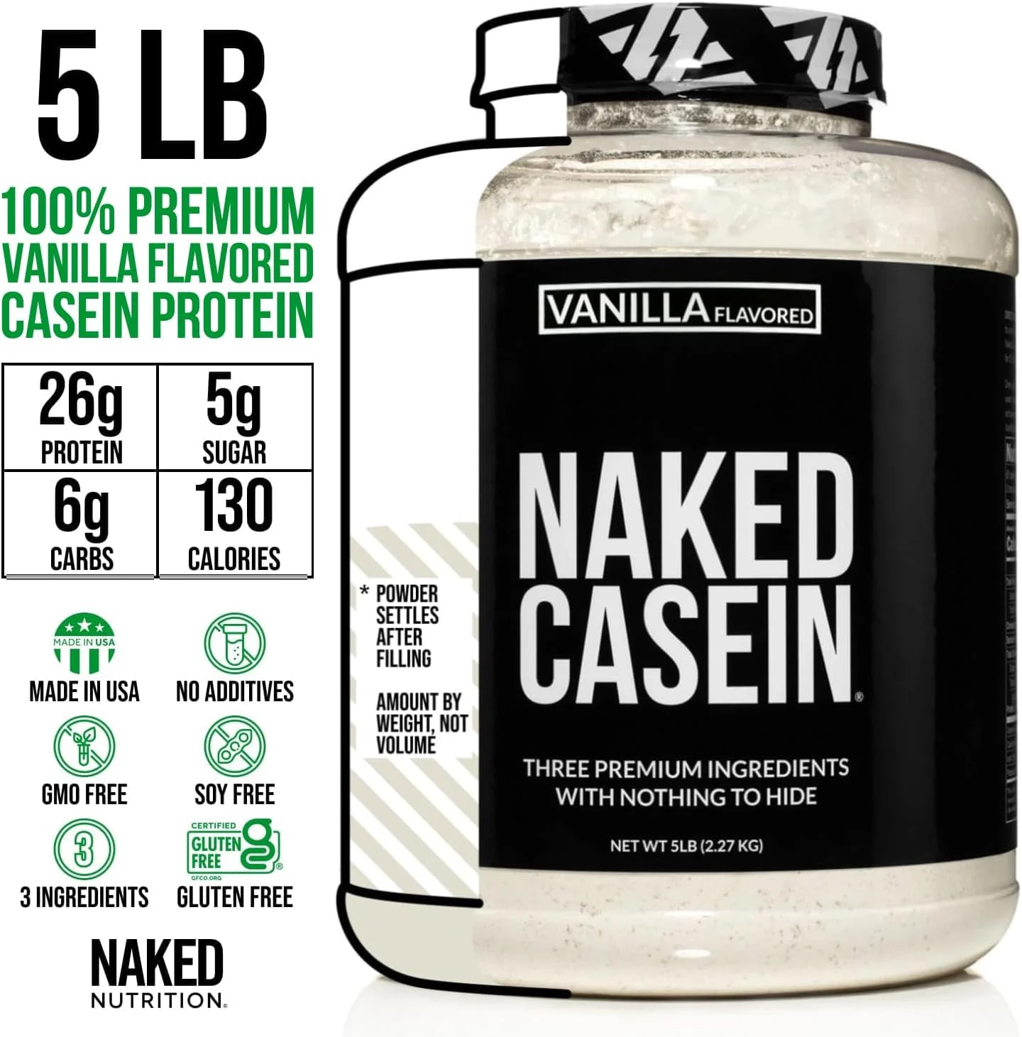 پروتئین کازئین میسلار وانیلی Less Naked Naked Nutrition - پروتئین کازئین میسلار از مزارع ایالات متحده - 5 پوند - 61 سروینگ