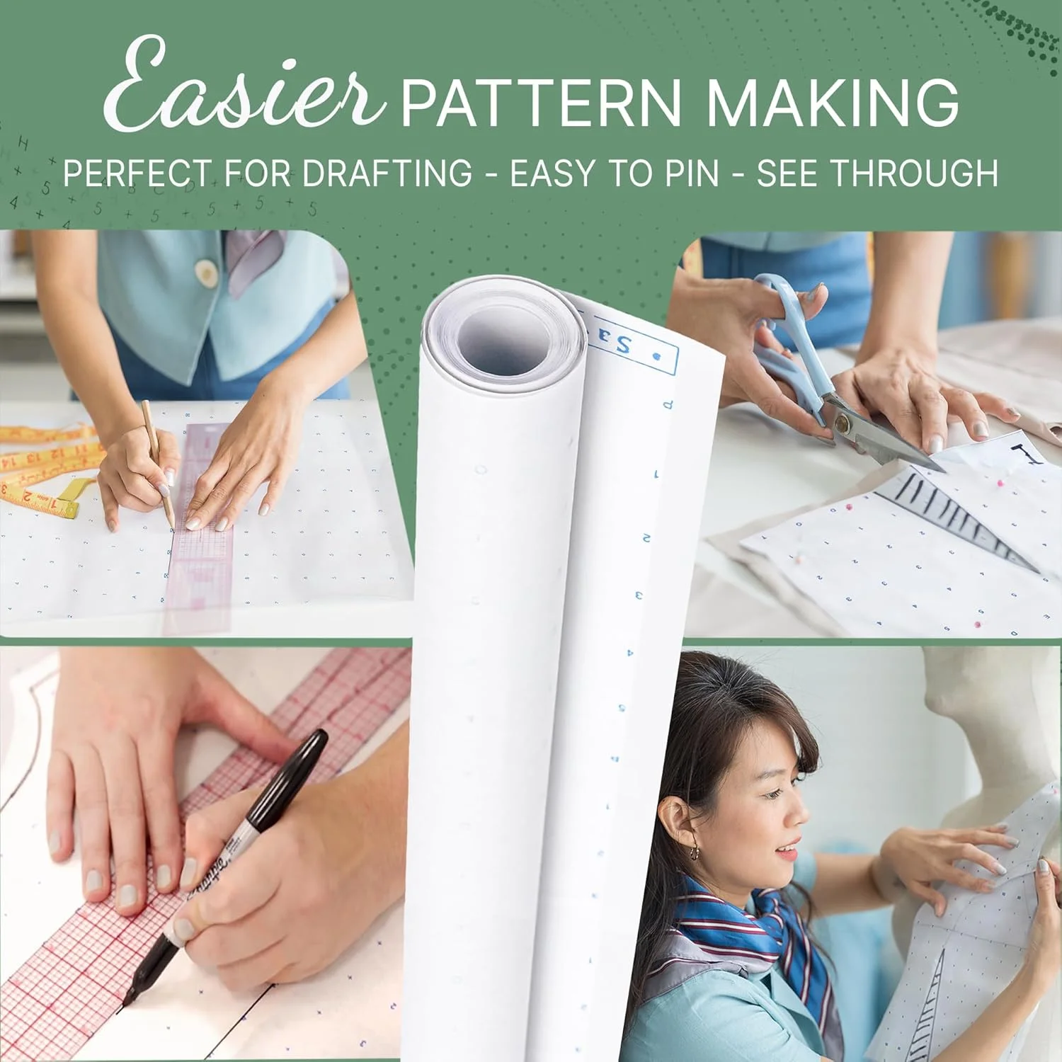 کاغذ الگو مونتادا بای لا لولی برای طراحی مد - 45 اینچ در 10 یارد، کاغذ علامت گذاری نقطه ای الفبایی عددی - ساخت ایالات متحده آمریکا