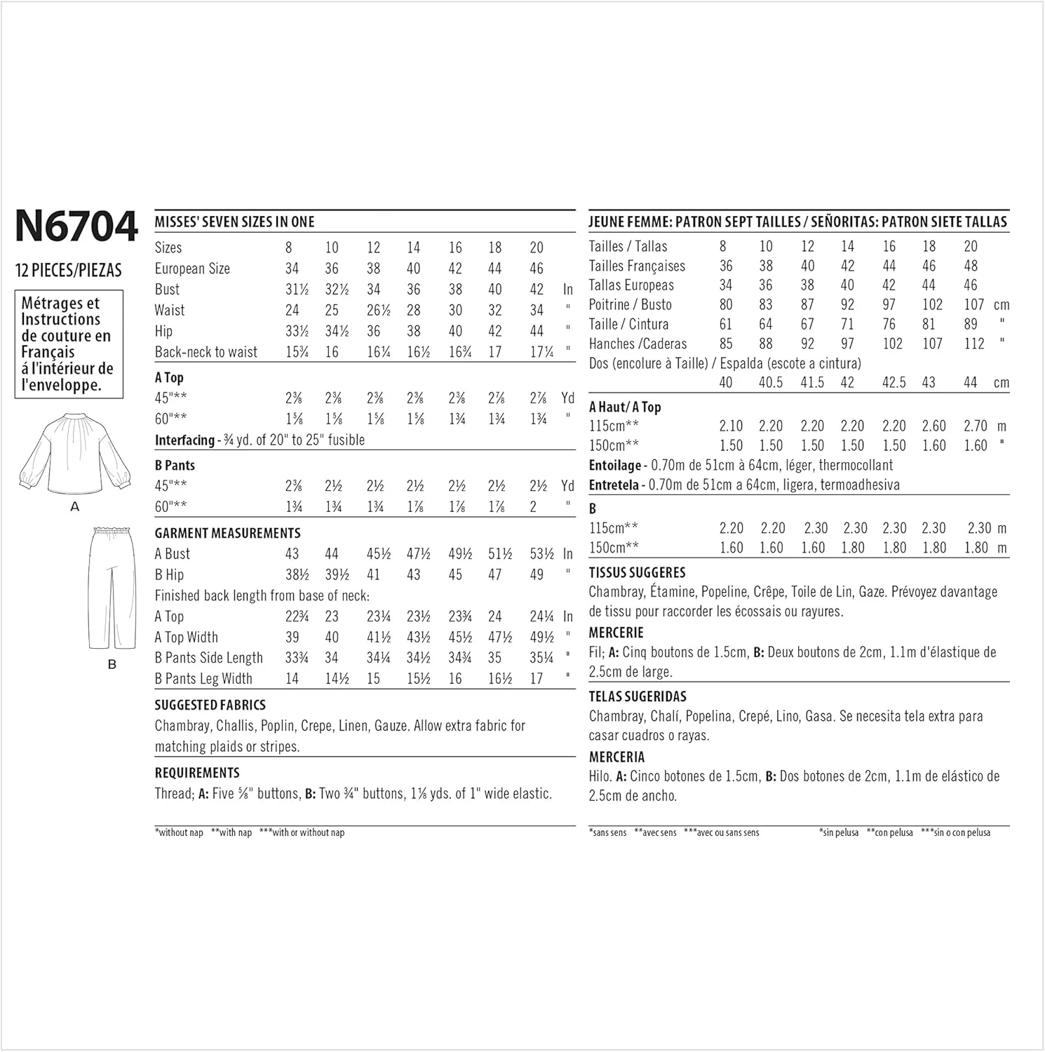 الگوی خیاطی تاپ و شلوار زنانه نیو لوک، کد N6704. سایزها 8-10-12-14-16-18-20