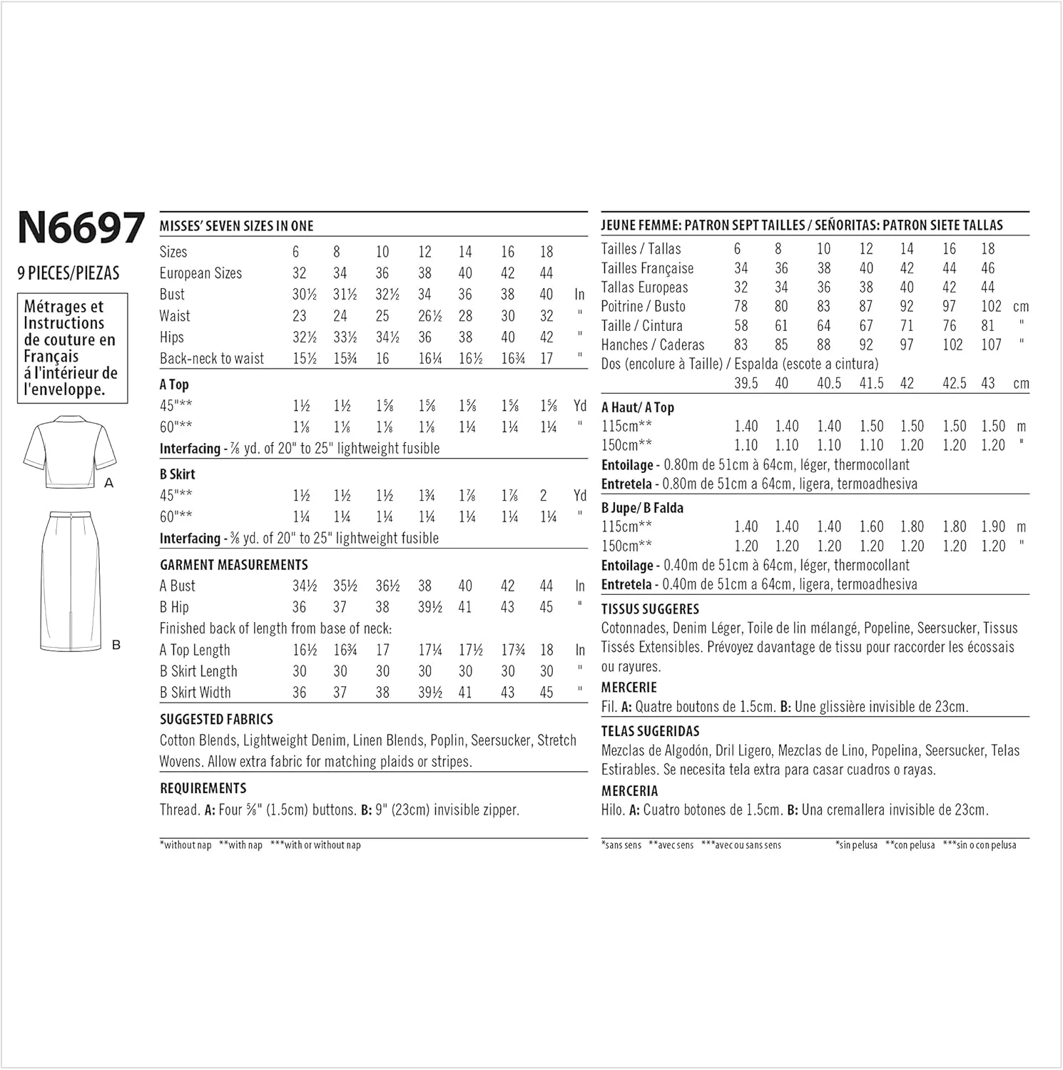 الگوی خیاطی نیو لوک N6697 تاپ و دامن، سایز 6-8-10-12-14-16-18