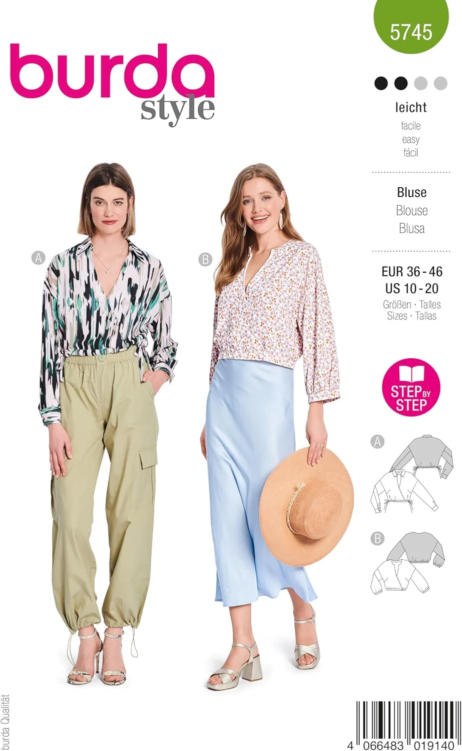 الگوی خیاطی بردا استایل شماره 5745، بلوزهای زنانه بدون دکمه با بند کشی و سرشانه‌های افتاده، سایزهای 36-38