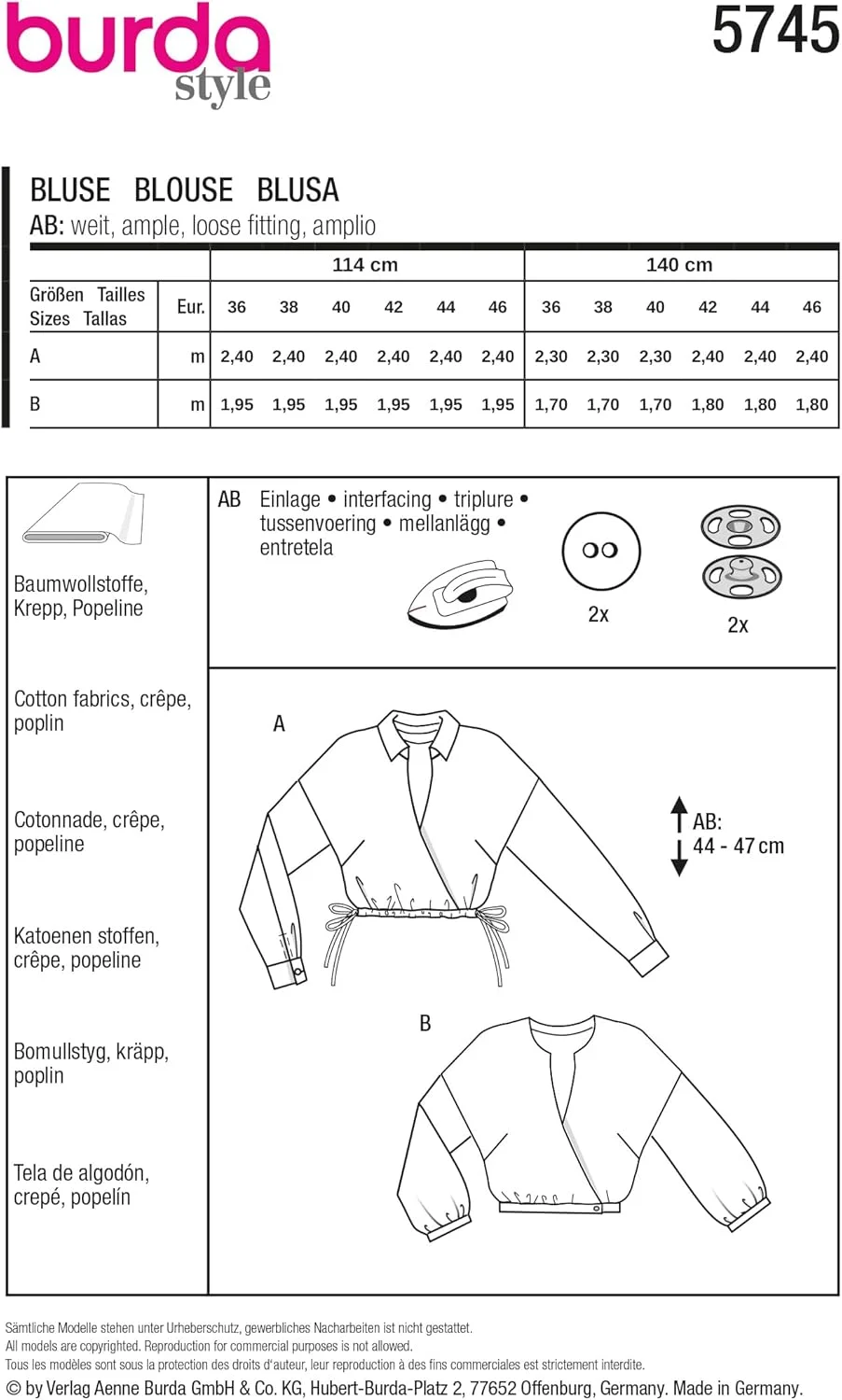الگوی خیاطی بردا استایل شماره 5745، بلوزهای زنانه بدون دکمه با بند کشی و سرشانه‌های افتاده، سایزهای 36-38