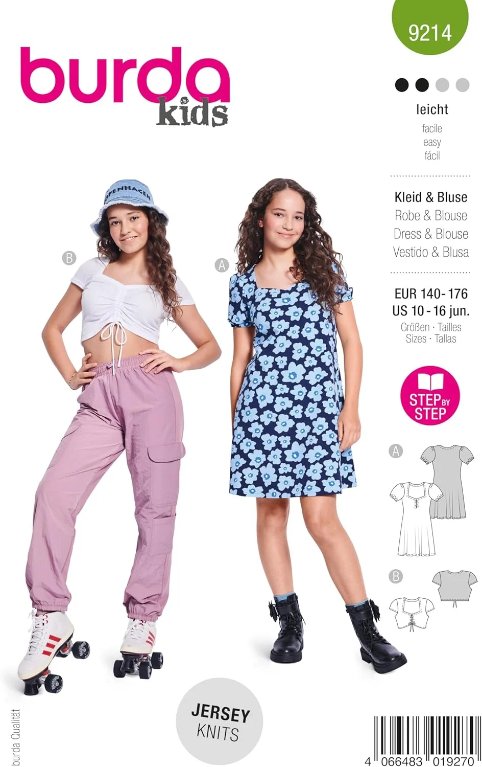 الگوی خیاطی لباس دخترانه Burda Kids #9214 با یقه قلبی و تاپ با بند کشی سایز 140-176