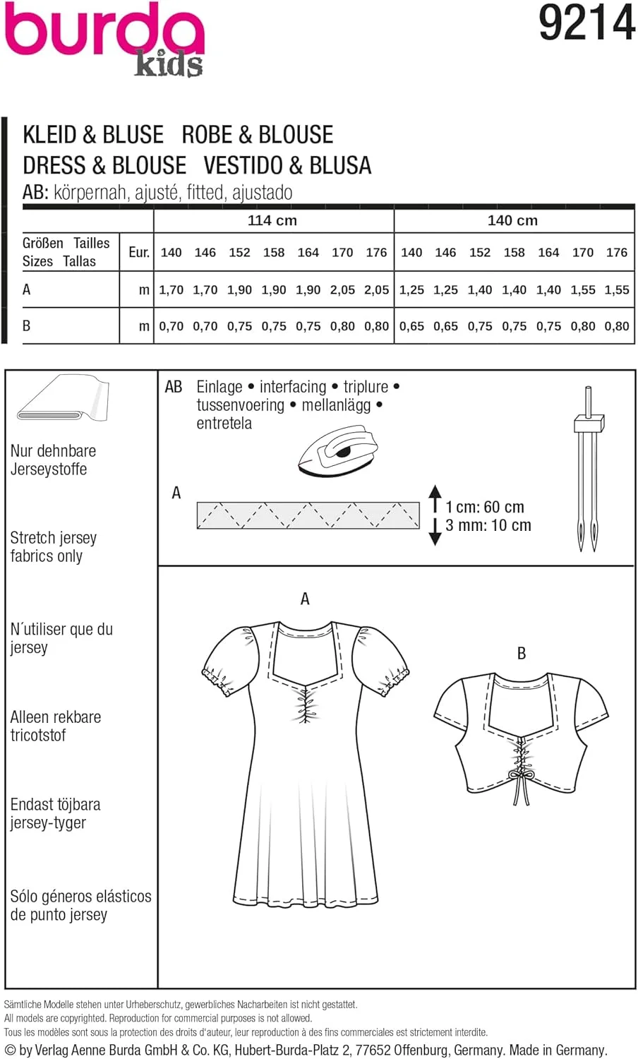 الگوی خیاطی لباس دخترانه Burda Kids #9214 با یقه قلبی و تاپ با بند کشی سایز 140-176