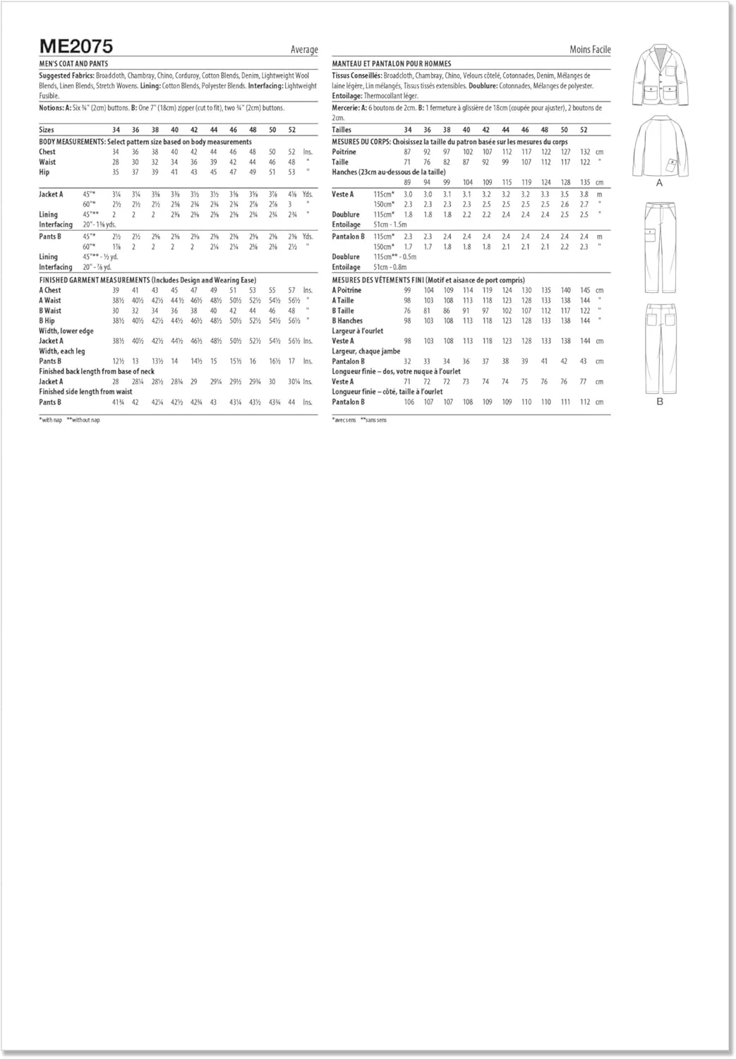 الگوی خیاطی مردانه KNOW ME مدل ME2075AA کت و شلوار توسط دانی کیو AA (سایز 34-36-38-40-42)