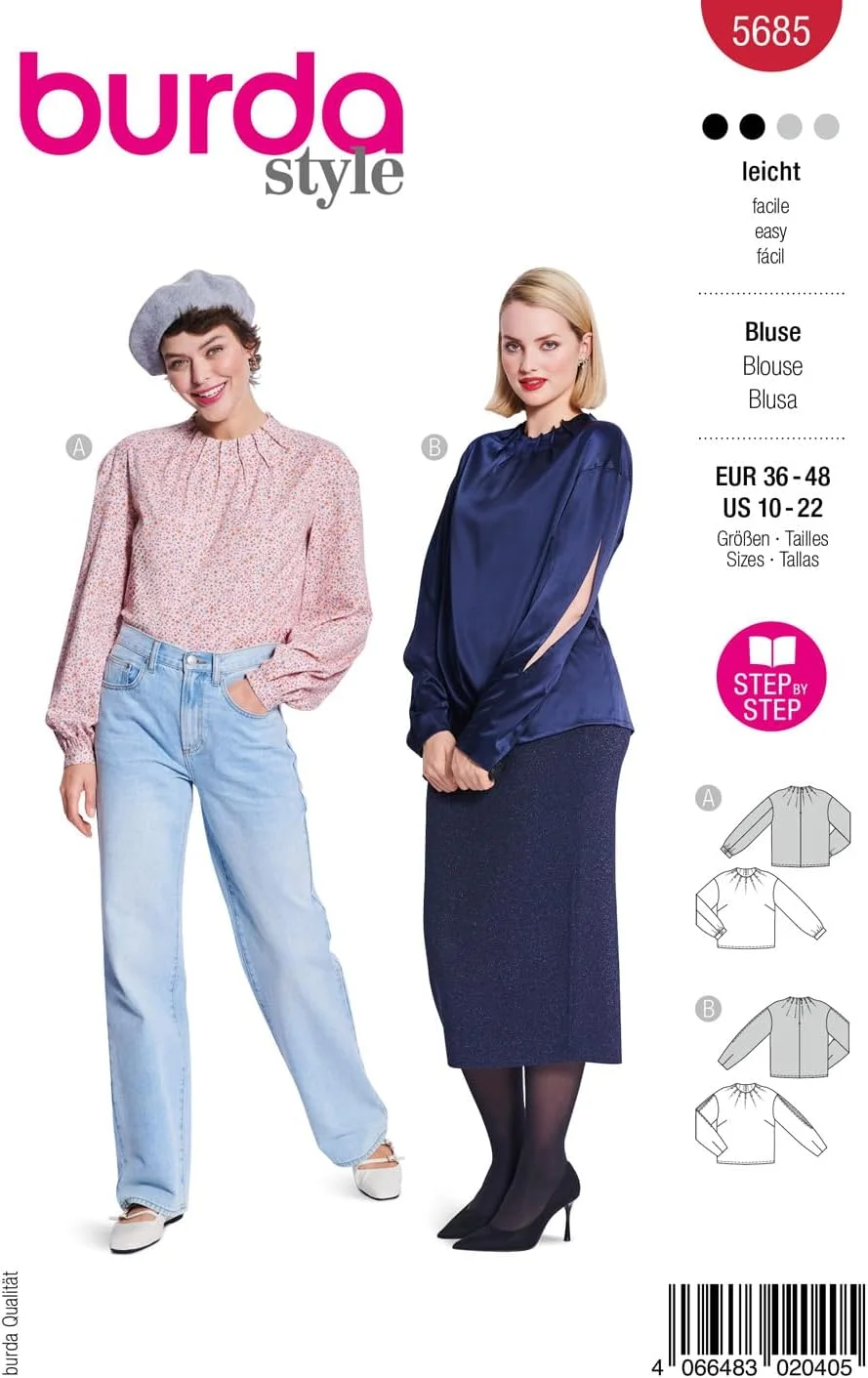 الگوی خیاطی بلوز زنانه Burda Style #5685 با پلیسه، سایز 36 تا 48