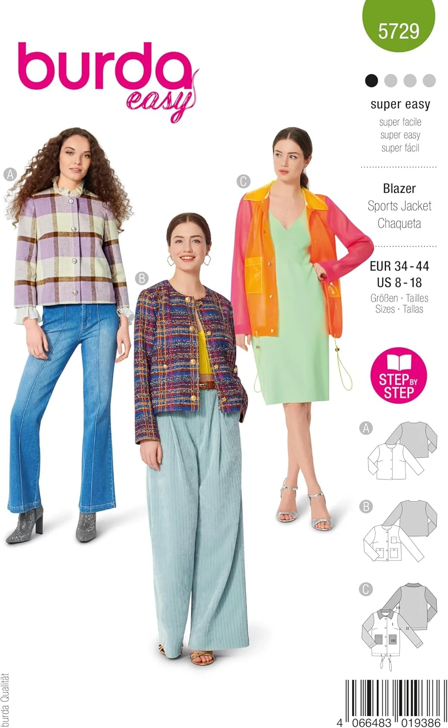 الگوی خیاطی آسان بوردا شماره 5729، کت بوکله زنانه، ژاکت فلانل به سبک پایه و ژاکت PVC، سایزهای 36-46