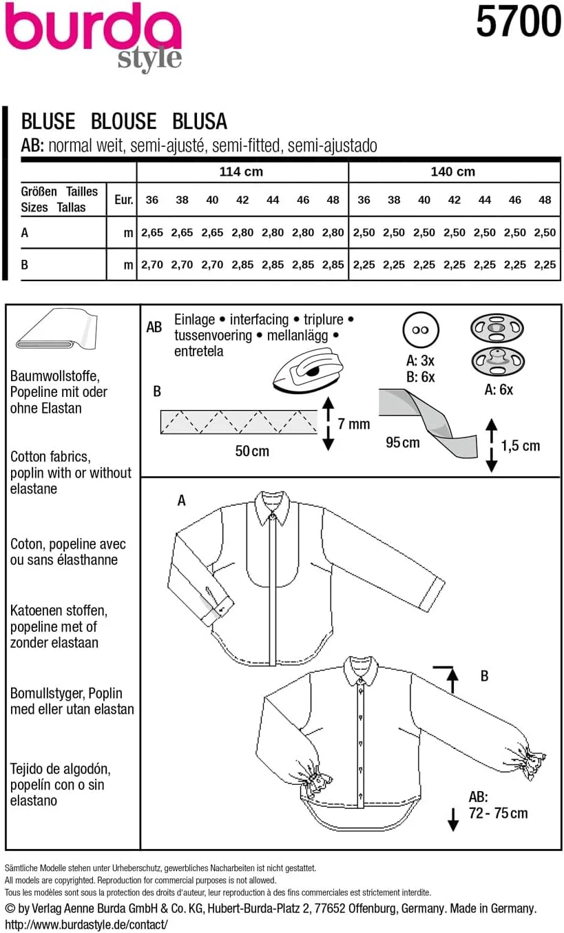 الگوی خیاطی بلوز زنانه Burda Style #5700 با دکمه سایز 36-48