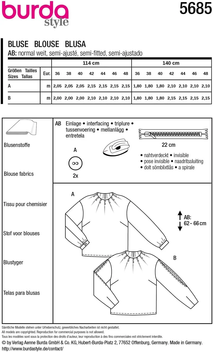 الگوی خیاطی بلوز زنانه Burda Style #5685 با پلیسه، سایز 36 تا 48