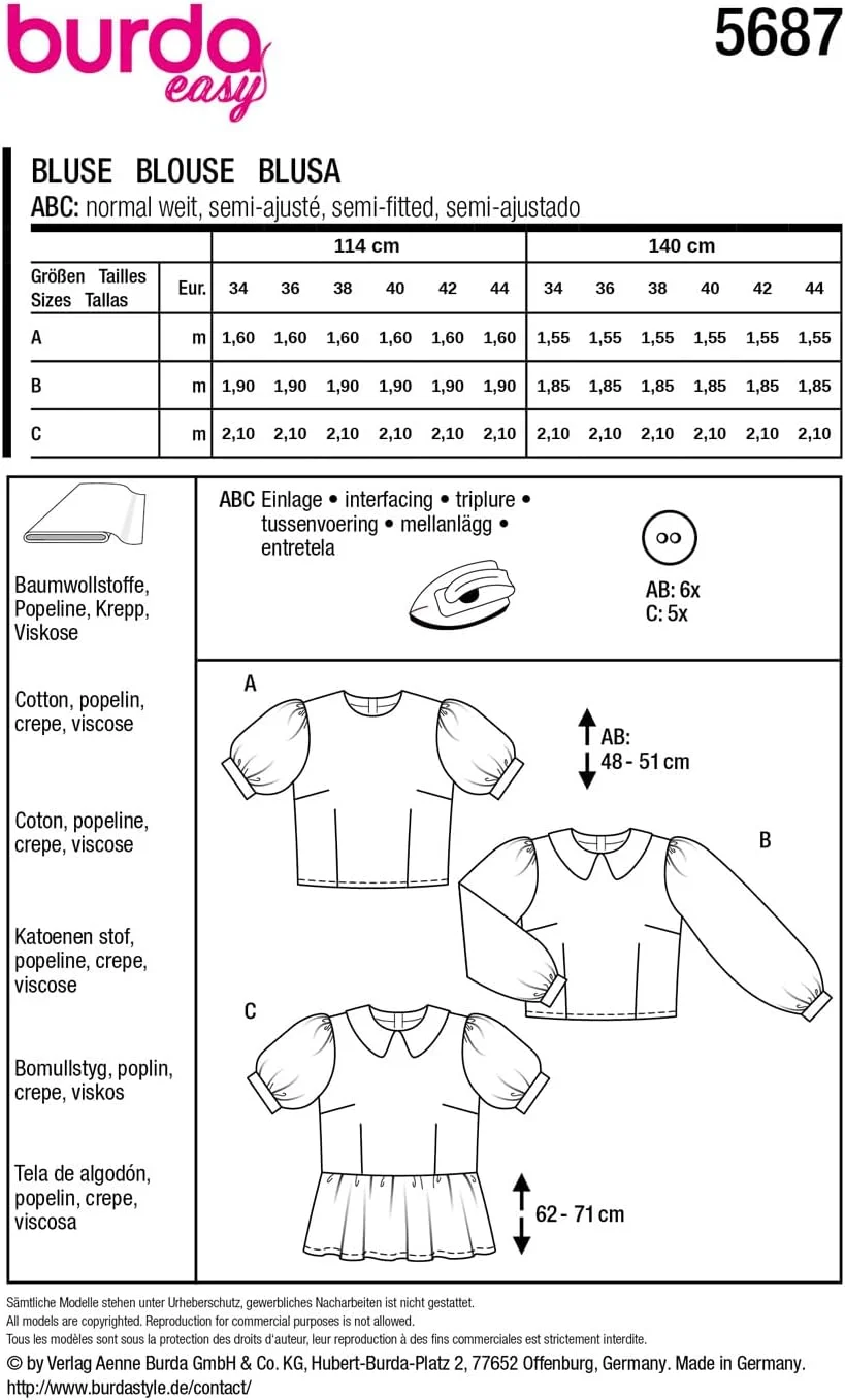 الگوی خیاطی آسان بوردا شماره 5687، بلوز زنانه با آستین پفی، سایزهای 36-46