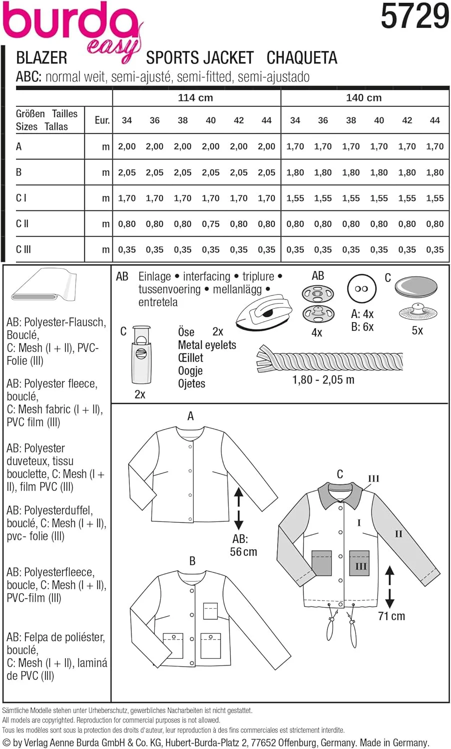 الگوی خیاطی آسان بوردا شماره 5729، کت بوکله زنانه، ژاکت فلانل به سبک پایه و ژاکت PVC، سایزهای 36-46