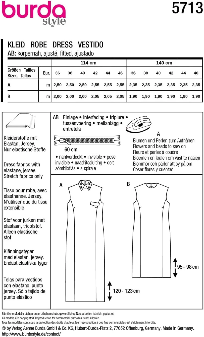 الگوی خیاطی زنانه Burda Style #5713، لباس‌های مجلسی شیک، سایز 36-46