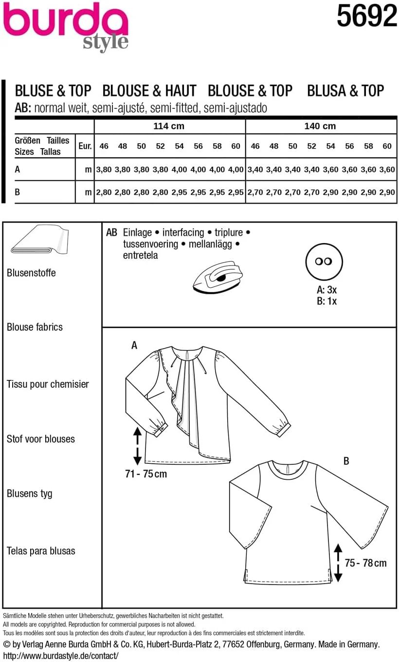 الگوی خیاطی زنانه بلوزهای شیک بوردا استایل #5692 سایز 46-60 الگوی خیاطی زنانه بلوزهای شیک بوردا استایل #5692 سایز 46-60