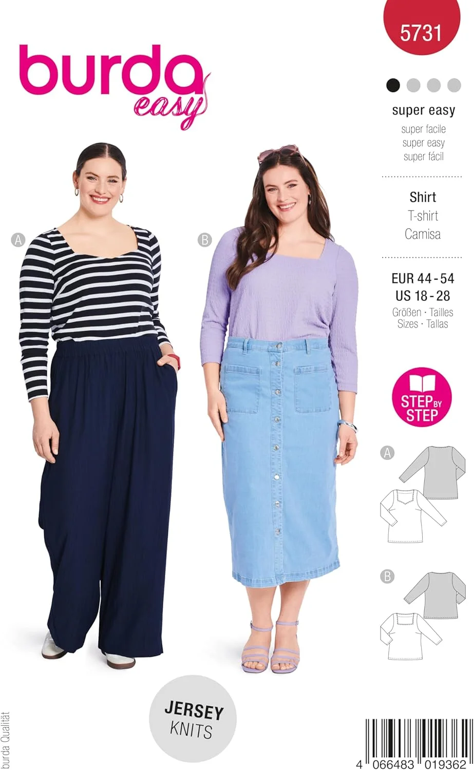 الگوی خیاطی آسان بوردا شماره 5731: پیراهن های پایه زنانه با یقه قلبی و مربعی سایز 46-56