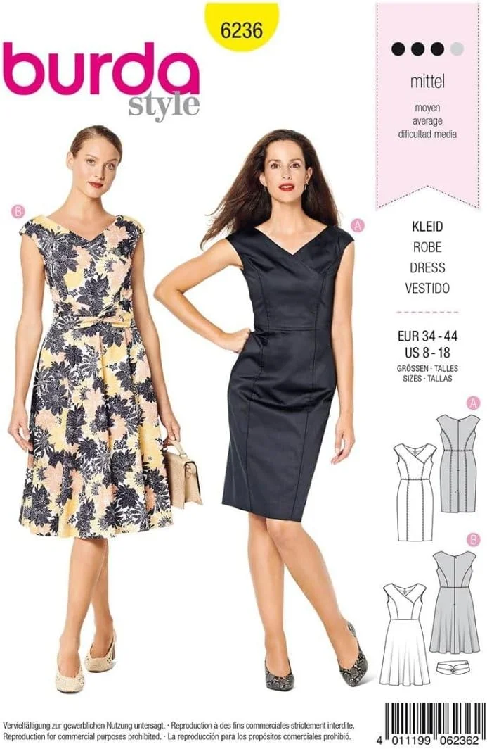 الگوی خیاطی بوردا 6236 لباس پرنسسی زنانه، لباس غلاف، سایزهای 36-46