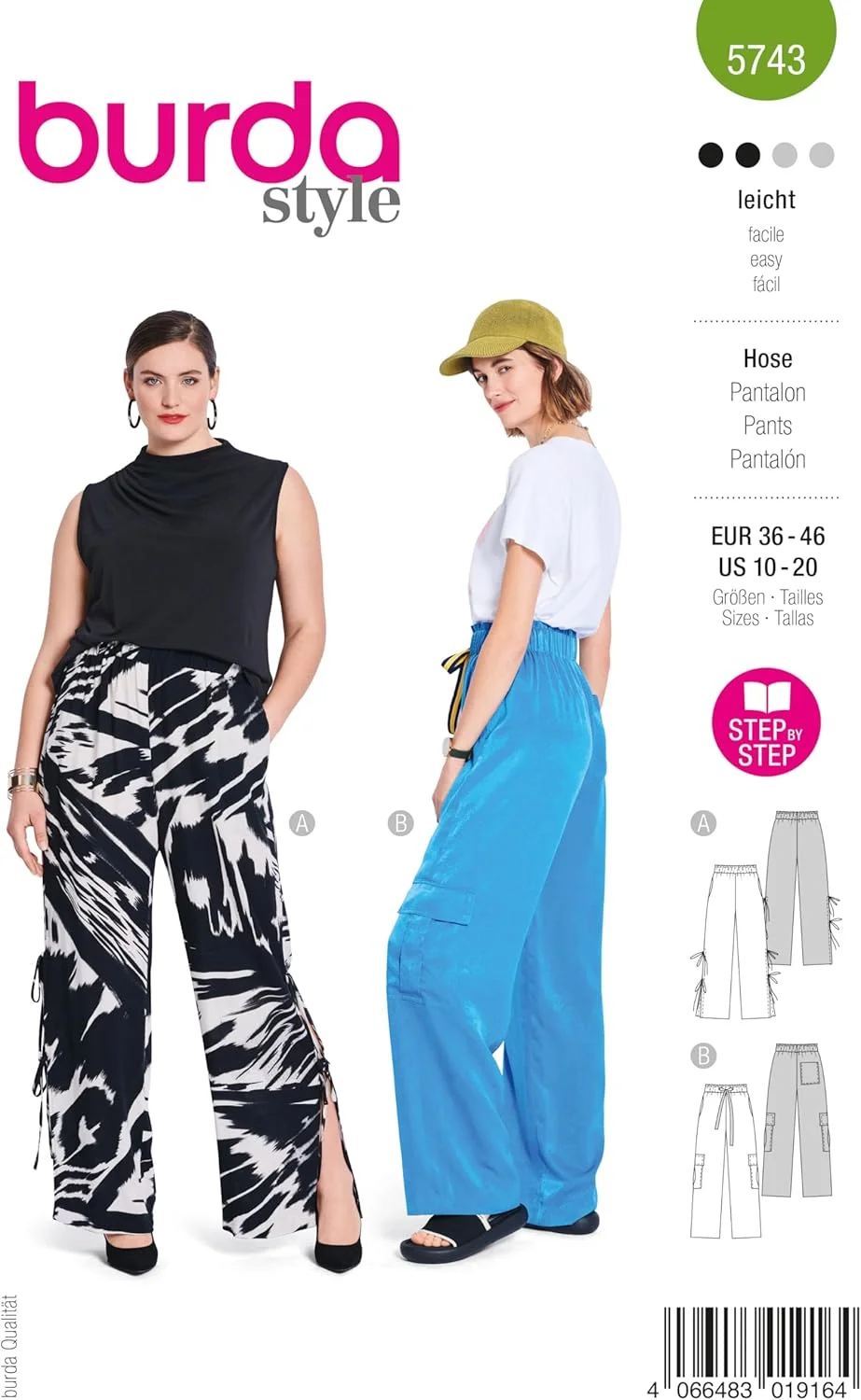 الگوی خیاطی بردا استایل شماره 5743، شلوار زنانه با چاک های بلند جانبی و شلوار کارگو با جیب های XL، سایز 36-46