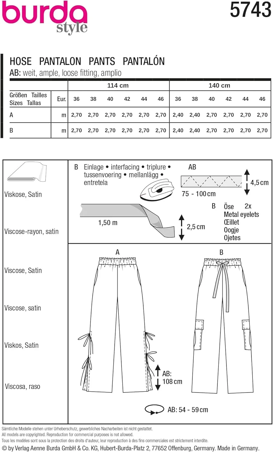 الگوی خیاطی بردا استایل شماره 5743، شلوار زنانه با چاک های بلند جانبی و شلوار کارگو با جیب های XL، سایز 36-46 الگوی خیاطی بردا استایل شماره 5743، شلوار زنانه با چاک های بلند جانبی و شلوار کارگو با جیب های XL، سایز 36-46