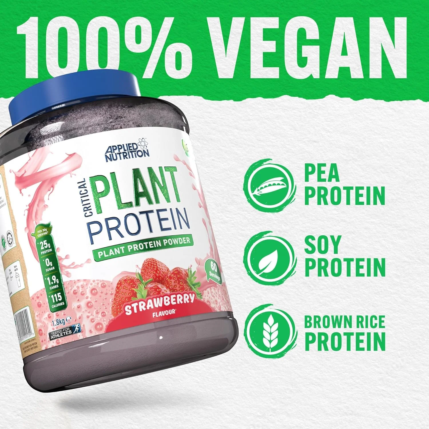 پودر پروتئین گیاهی Applied Nutrition - شیک پروتئین وگان گیاهی Critical Plant با پروتئین های سویا، نخود، برنج قهوه ای و اسیدهای آمینه ضروری - مکمل بدنسازی بدون لبنیات (1.8 کیلوگرم - 60 سروینگ) (توت فرنگی) پودر پروتئین گیاهی Applied Nutrition - شیک پروتئین وگان گیاهی Critical Plant با پروتئین های سویا، نخود، برنج قهوه ای و اسیدهای آمینه ضروری - مکمل بدنسازی بدون لبنیات (1.8 کیلوگرم - 60 سروینگ) (توت فرنگی)