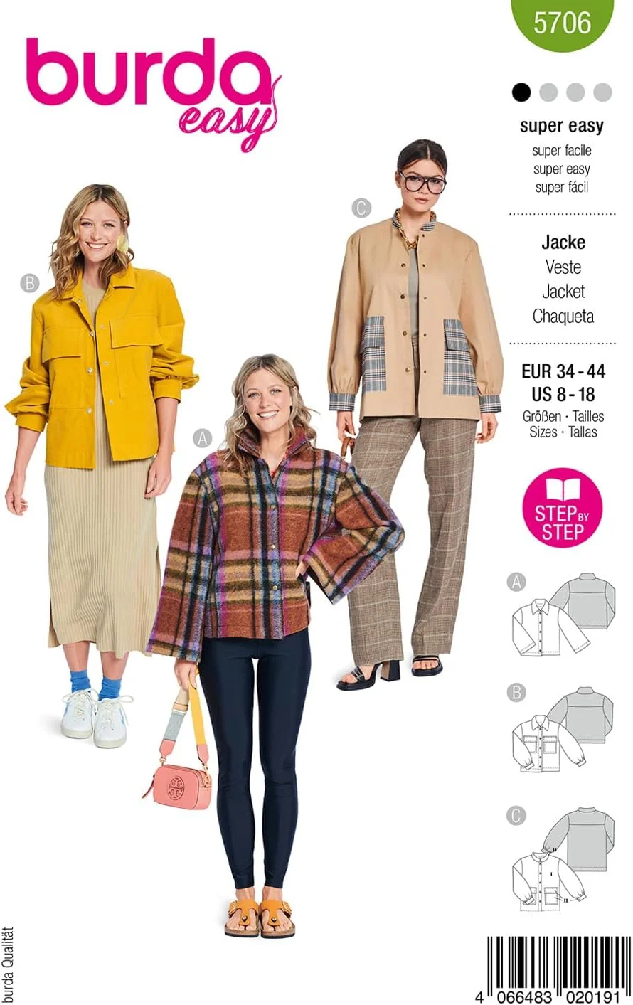 الگوی خیاطی آسان بوردا شماره 5706، ژاکت زنانه با یقه ایستاده، سایزهای 36 تا 46