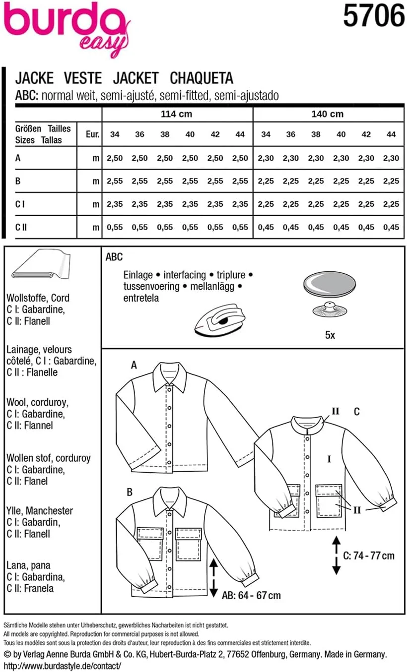 الگوی خیاطی آسان بوردا شماره 5706، ژاکت زنانه با یقه ایستاده، سایزهای 36 تا 46