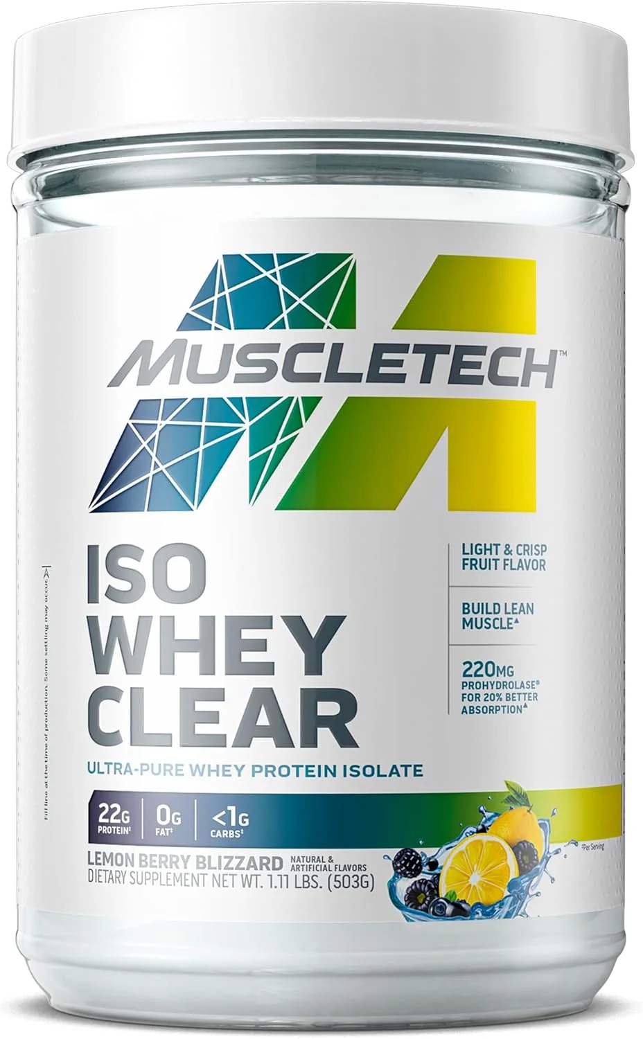 پودر پروتئین وی ایزوله فوق خالص Muscletech ISO Whey Clear Prohydrolase، جذب 20% بهتر، بهبود سلامت روده و هضم - 22 گرم پروتئین، 1 گرم کربوهیدرات و 0 چربی یا شکر، لیمون بری بلیزارد، 1.10 پوند