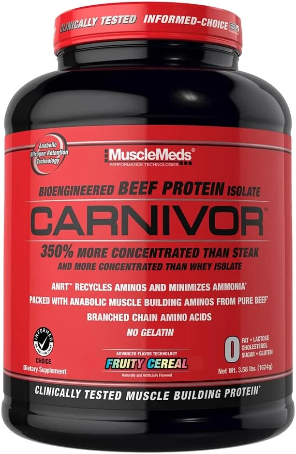 پودر پروتئین ایزوله گوشت گاو MuscleMeds CARNIVOR، عضله سازی، ریکاوری، بدون لاکتوز، بدون شکر، بدون چربی، 23 گرم پروتئین، غلات میوه ای، 56 سروینگ