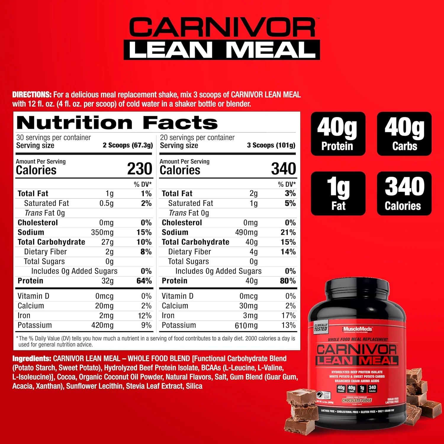 شیک جایگزین وعده غذایی کامل MuscleMeds CARNIVOR LEAN MEAL، MRE، پروتئین ایزوله گوشت گاو، سیب زمینی سفید، سیب زمینی شیرین، 40 گرم پروتئین، 40 گرم کربوهیدرات، بدون لاکتوز، بدون شکر، شکلات فاج 20 سروینگ شیک جایگزین وعده غذایی کامل MuscleMeds CARNIVOR LEAN MEAL، MRE، پروتئین ایزوله گوشت گاو، سیب زمینی سفید، سیب زمینی شیرین، 40 گرم پروتئین، 40 گرم کربوهیدرات، بدون لاکتوز، بدون شکر، شکلات فاج 20 سروینگ