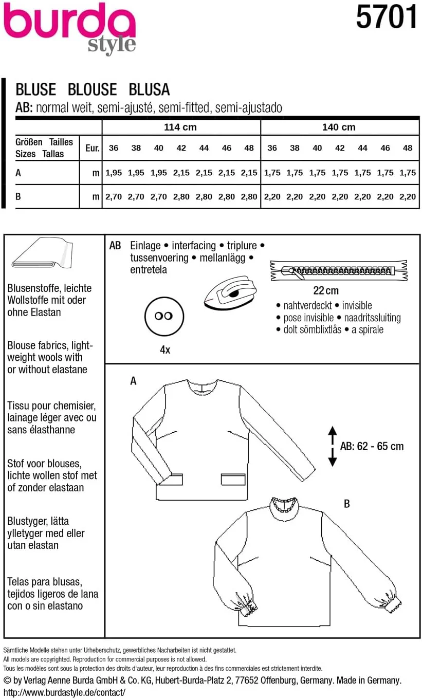الگوی خیاطی بلوز آستین بلند زنانه Burda Style #5701 سایزهای 36 تا 48