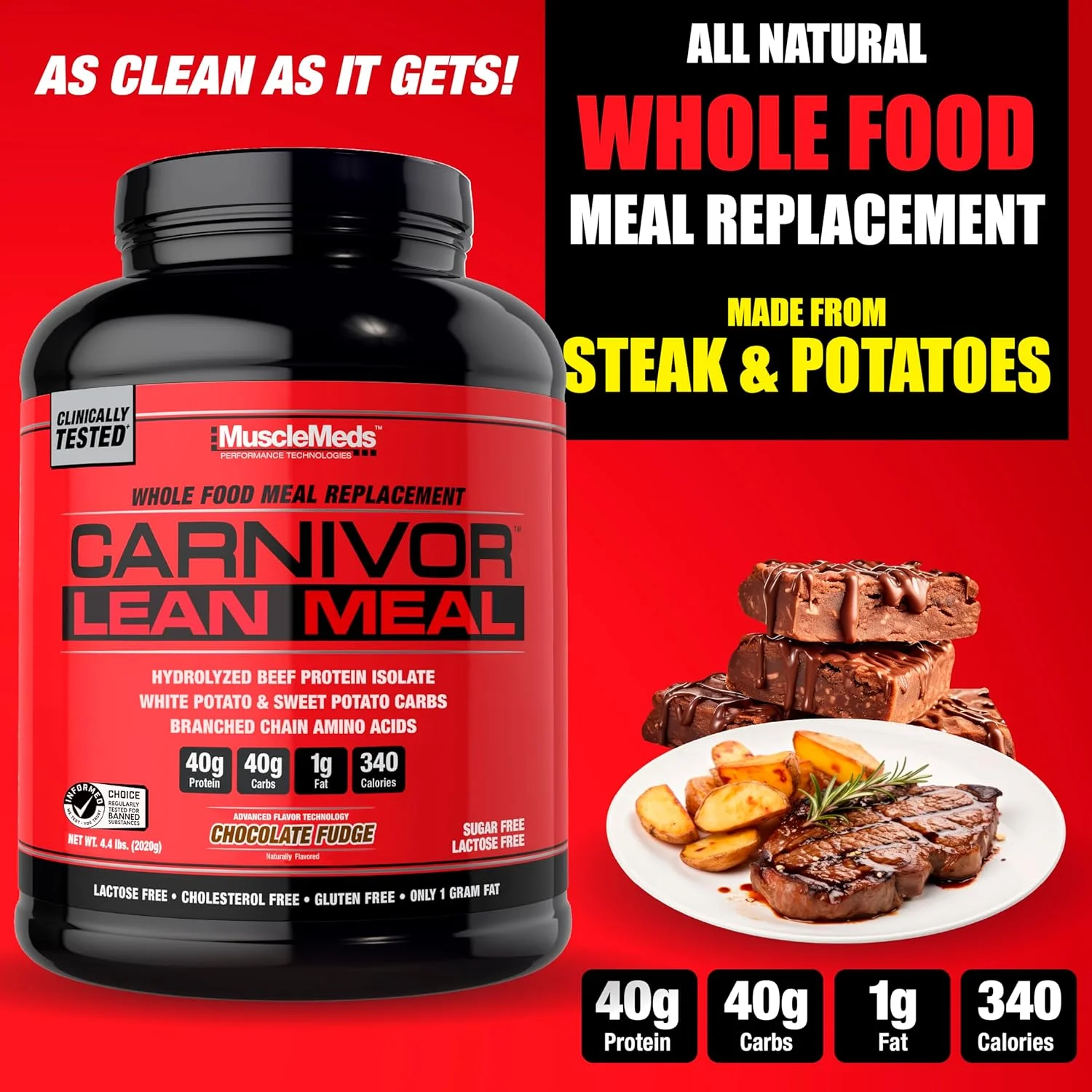 شیک جایگزین وعده غذایی کامل MuscleMeds CARNIVOR LEAN MEAL، MRE، پروتئین ایزوله گوشت گاو، سیب زمینی سفید، سیب زمینی شیرین، 40 گرم پروتئین، 40 گرم کربوهیدرات، بدون لاکتوز، بدون شکر، شکلات فاج 20 سروینگ شیک جایگزین وعده غذایی کامل MuscleMeds CARNIVOR LEAN MEAL، MRE، پروتئین ایزوله گوشت گاو، سیب زمینی سفید، سیب زمینی شیرین، 40 گرم پروتئین، 40 گرم کربوهیدرات، بدون لاکتوز، بدون شکر، شکلات فاج 20 سروینگ