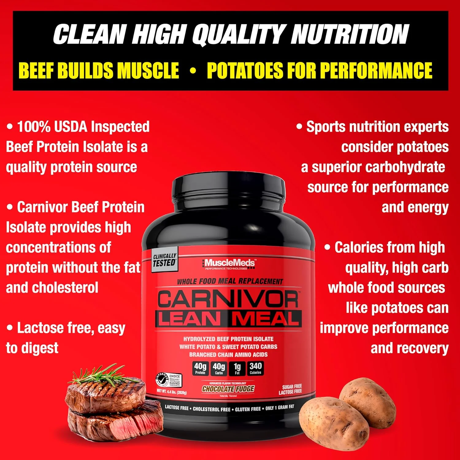 شیک جایگزین وعده غذایی کامل MuscleMeds CARNIVOR LEAN MEAL، MRE، پروتئین ایزوله گوشت گاو، سیب زمینی سفید، سیب زمینی شیرین، 40 گرم پروتئین، 40 گرم کربوهیدرات، بدون لاکتوز، بدون شکر، شکلات فاج 20 سروینگ شیک جایگزین وعده غذایی کامل MuscleMeds CARNIVOR LEAN MEAL، MRE، پروتئین ایزوله گوشت گاو، سیب زمینی سفید، سیب زمینی شیرین، 40 گرم پروتئین، 40 گرم کربوهیدرات، بدون لاکتوز، بدون شکر، شکلات فاج 20 سروینگ