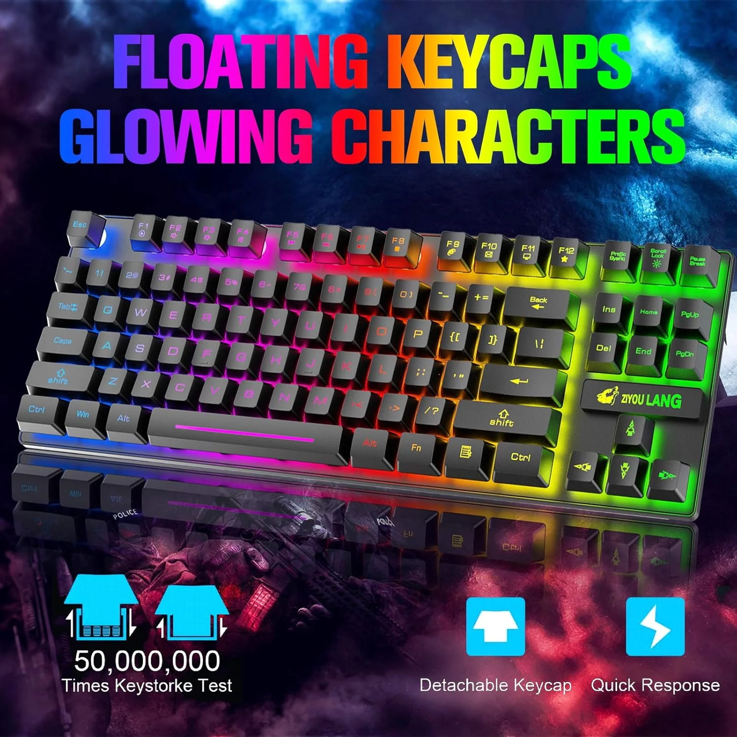 کیبورد و ماوس گیمینگ بیسیم 87 کلیدی با نور پسزمینه LED رنگینکمانی، باتری قابل شارژ 3800mAh، ضد شبح، ارگونومیک، ماوس بیصدا RGB برای کامپیوتر گیمر (مشکی) کیبورد و ماوس گیمینگ بیسیم 87 کلیدی با نور پسزمینه LED رنگینکمانی، باتری قابل شارژ 3800mAh، ضد شبح، ارگونومیک، ماوس بیصدا RGB برای کامپیوتر گیمر (مشکی)