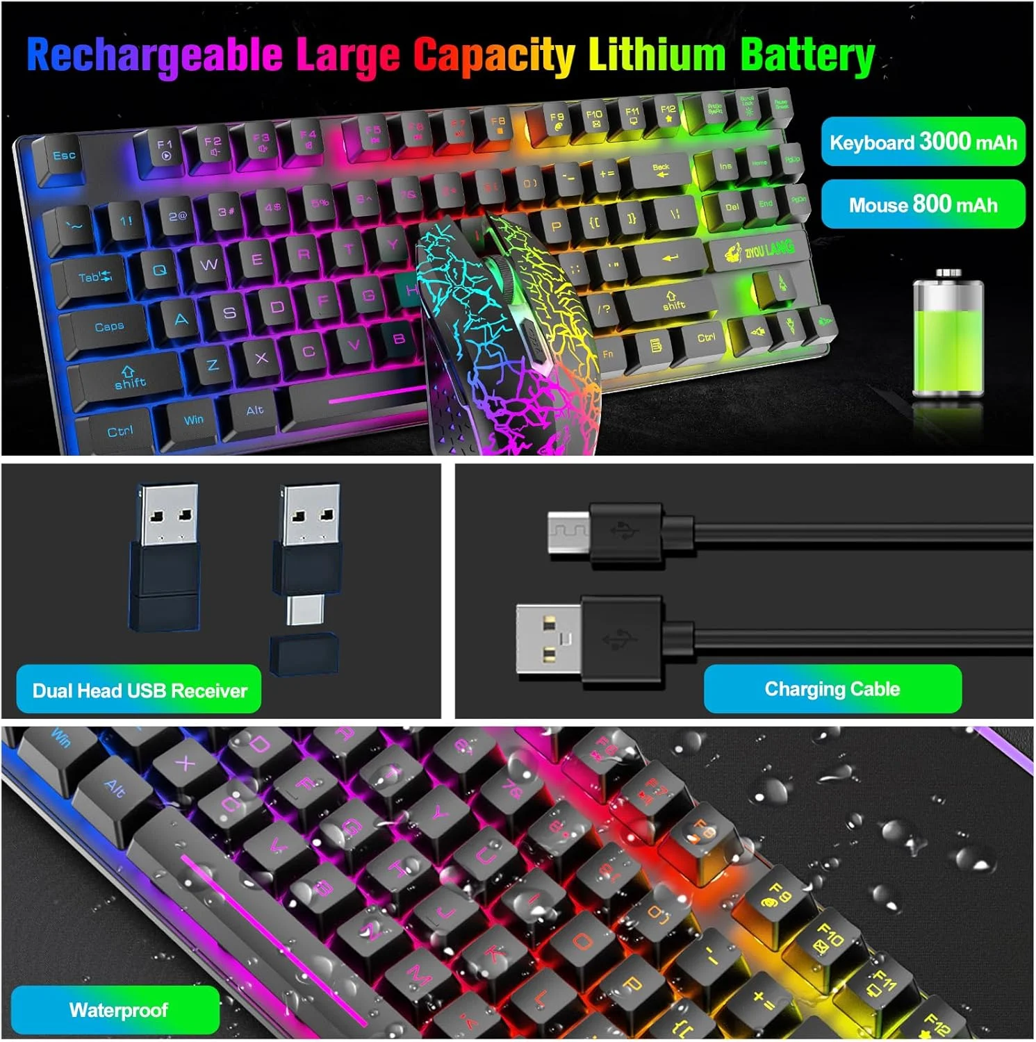 کیبورد و ماوس گیمینگ بیسیم 87 کلیدی با نور پسزمینه LED رنگینکمانی، باتری قابل شارژ 3800mAh، ضد شبح، ارگونومیک، ماوس بیصدا RGB برای کامپیوتر گیمر (مشکی) کیبورد و ماوس گیمینگ بیسیم 87 کلیدی با نور پسزمینه LED رنگینکمانی، باتری قابل شارژ 3800mAh، ضد شبح، ارگونومیک، ماوس بیصدا RGB برای کامپیوتر گیمر (مشکی)