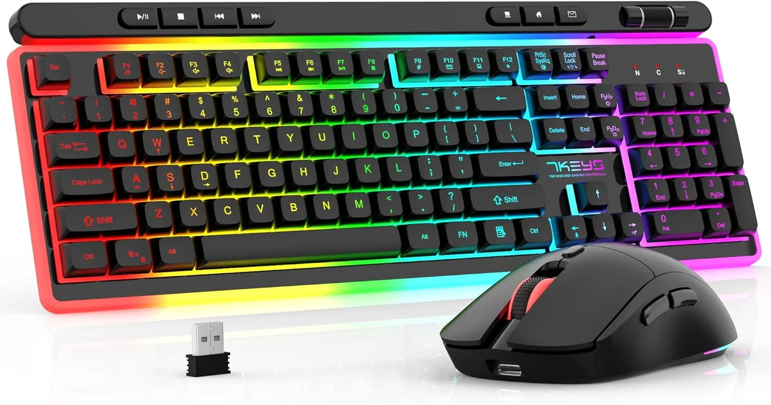 ست کیبورد و ماوس بی‌سیم 7KEYS با حس مکانیکی، نور پس‌زمینه RGB جذاب، کیبورد چندرسانه‌ای قابل شارژ با اندازه کامل، کیبورد ارگونومیک، ماوس گیمینگ روشن با 3200 DPI برای کامپیوتر/لپ‌تاپ اداری