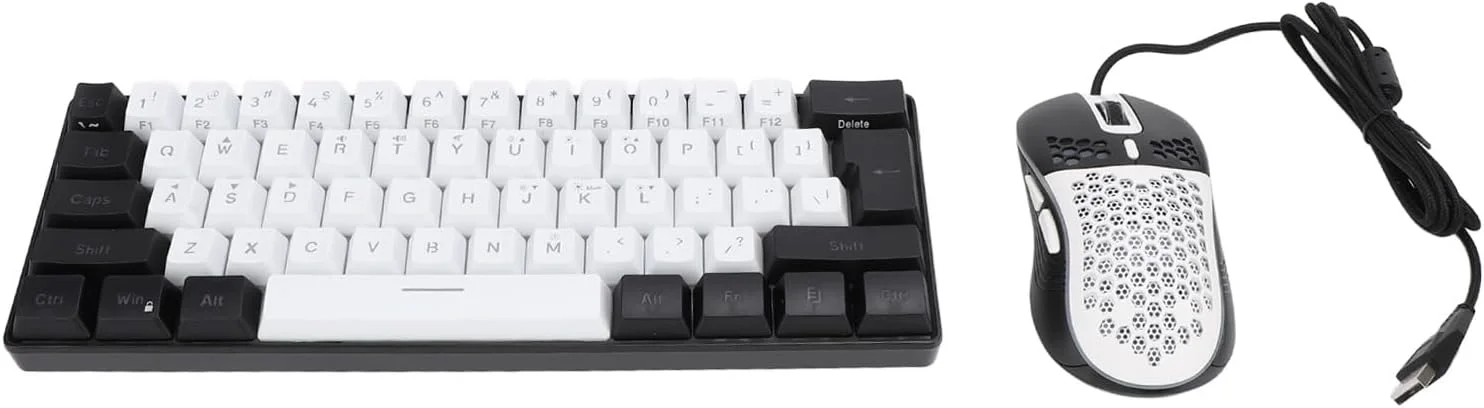 کیبورد گیمینگ سیم دار POENVFPO با ماوس، کیبورد 61 کلیدی RGB با نور پس زمینه قابل تنظیم و ویژگی Plug and Play برای کاربران (مرکز سفید قاب مشکی)