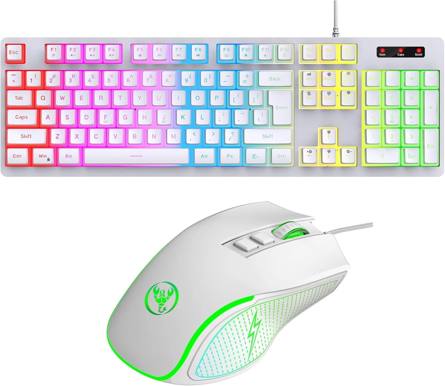 ست کیبورد و ماوس گیمینگ HXSJ، نور پس زمینه RGB LED، حس مکانیکی، سیم دار، کلیدهای PBT، کابل USB برای PC/Mac (سفید)