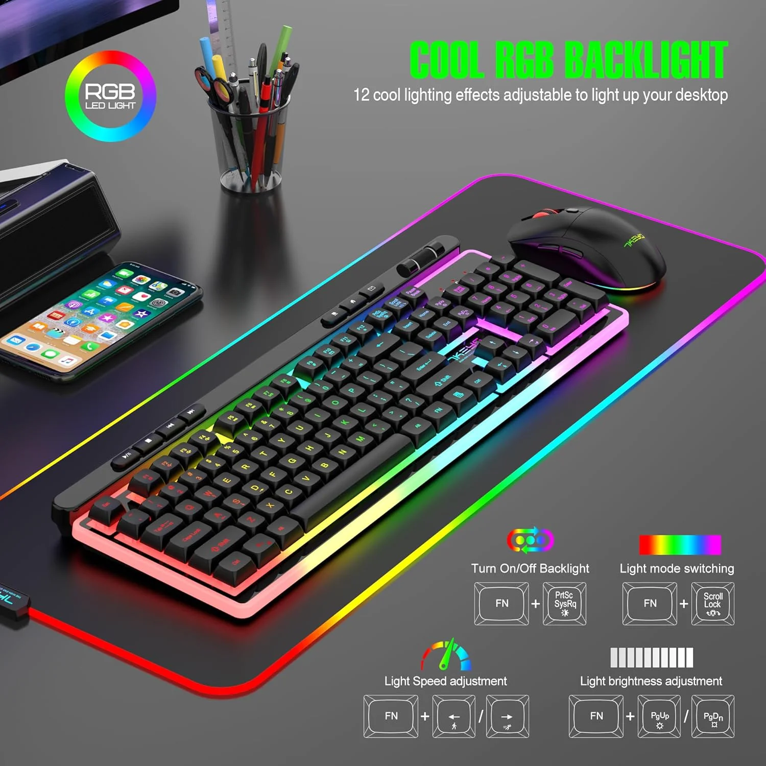 ست کیبورد و ماوس بیسیم 7KEYS با حس مکانیکی، نور پسزمینه RGB جذاب، کیبورد چندرسانهای قابل شارژ با اندازه کامل، کیبورد ارگونومیک، ماوس گیمینگ روشن با 3200 DPI برای کامپیوتر/لپتاپ اداری ست کیبورد و ماوس بیسیم 7KEYS با حس مکانیکی، نور پسزمینه RGB جذاب، کیبورد چندرسانهای قابل شارژ با اندازه کامل، کیبورد ارگونومیک، ماوس گیمینگ روشن با 3200 DPI برای کامپیوتر/لپتاپ اداری