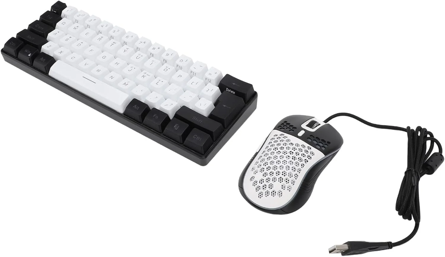 کیبورد گیمینگ سیم دار POENVFPO با ماوس، کیبورد 61 کلیدی RGB با نور پس زمینه قابل تنظیم و ویژگی Plug and Play برای کاربران (مرکز سفید قاب مشکی)