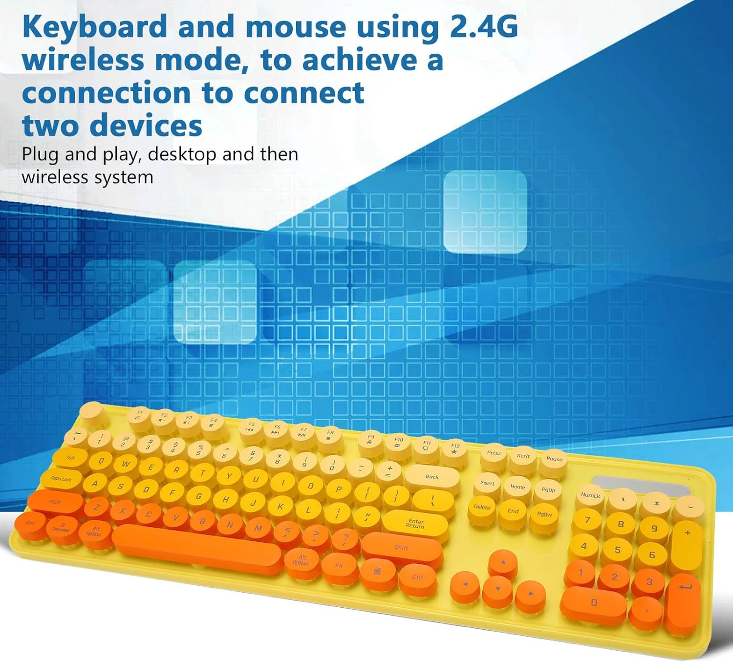 ست کیبورد و ماوس گیمینگ مکانیکی، 104 کلید اتصال بیسیم 2.4G، کیبوردهای ماشین تحریر با کلیدهای گرد پانک یکپارچهسازی با سیستمعامل با ماوس گیمینگ 3 DPI قابل تنظیم برای بازی و کار (زرد رنگ ترکیبی) ست کیبورد و ماوس گیمینگ مکانیکی، 104 کلید اتصال بیسیم 2.4G، کیبوردهای ماشین تحریر با کلیدهای گرد پانک یکپارچهسازی با سیستمعامل با ماوس گیمینگ 3 DPI قابل تنظیم برای بازی و کار (زرد رنگ ترکیبی)
