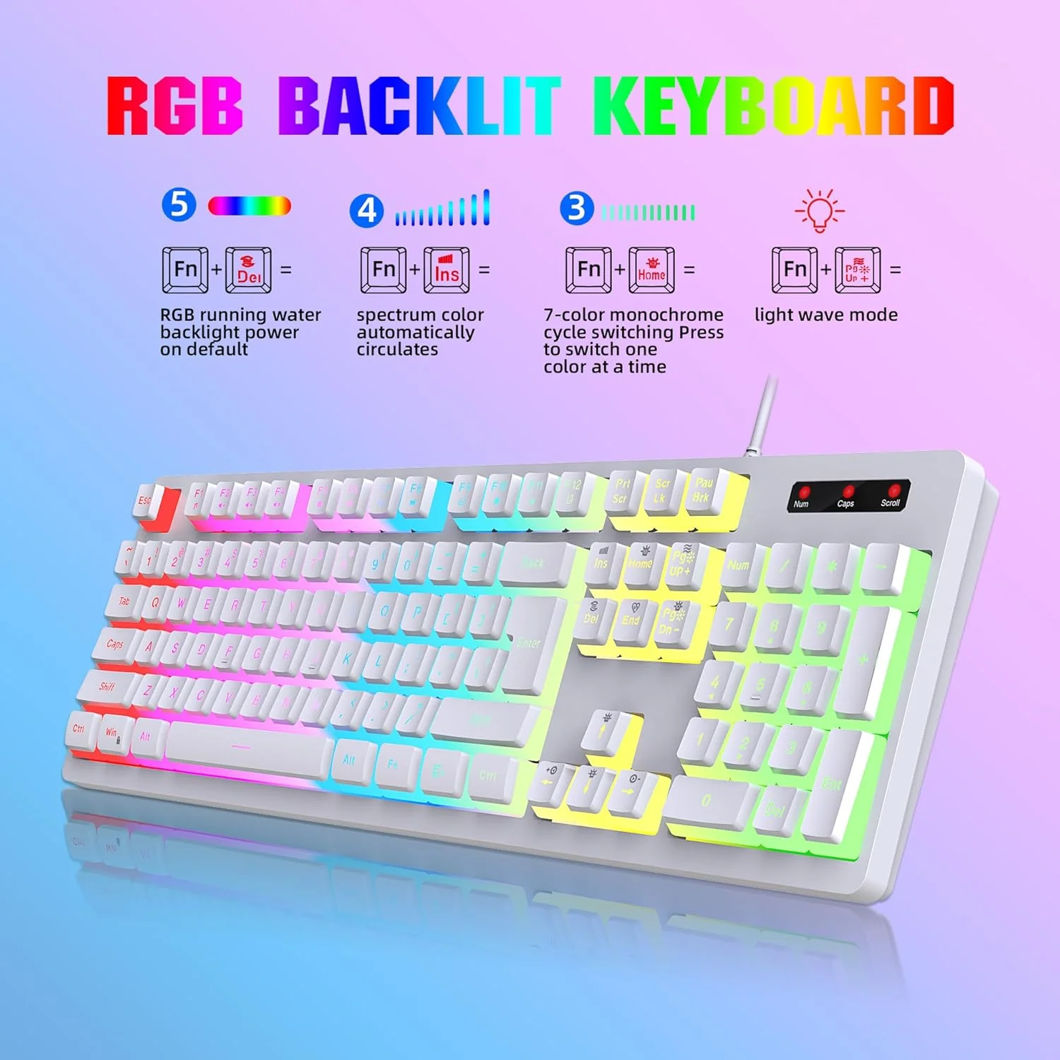 ست کیبورد و ماوس گیمینگ HXSJ، نور پس زمینه RGB LED، حس مکانیکی، سیم دار، کلیدهای PBT، کابل USB برای PC/Mac (سفید) ست کیبورد و ماوس گیمینگ HXSJ، نور پس زمینه RGB LED، حس مکانیکی، سیم دار، کلیدهای PBT، کابل USB برای PC/Mac (سفید)