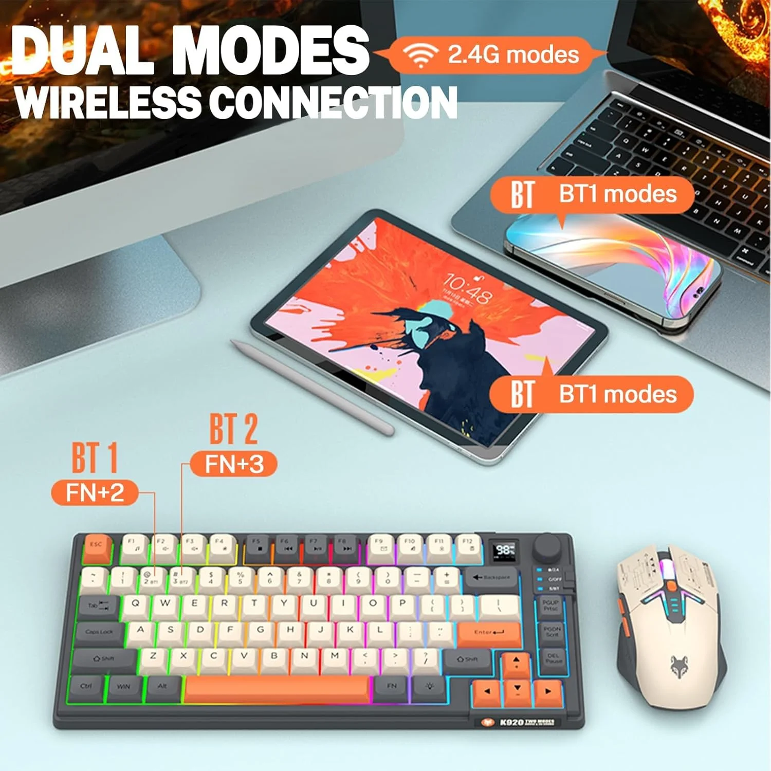 ست کیبورد و ماوس گیمینگ، 75% تری-مود BT5.0/2.4GHz/USB-C، کیبورد مکانیکی + ماوس سه بعدی 1600DPI، با نمایشگر هوشمند، کنترل حجم صدا با دکمه 80 کلید، باتری 2000mAh برای لپ تاپ، کامپیوتر و گیمر ست کیبورد و ماوس گیمینگ، 75% تری-مود BT5.0/2.4GHz/USB-C، کیبورد مکانیکی + ماوس سه بعدی 1600DPI، با نمایشگر هوشمند، کنترل حجم صدا با دکمه 80 کلید، باتری 2000mAh برای لپ تاپ، کامپیوتر و گیمر