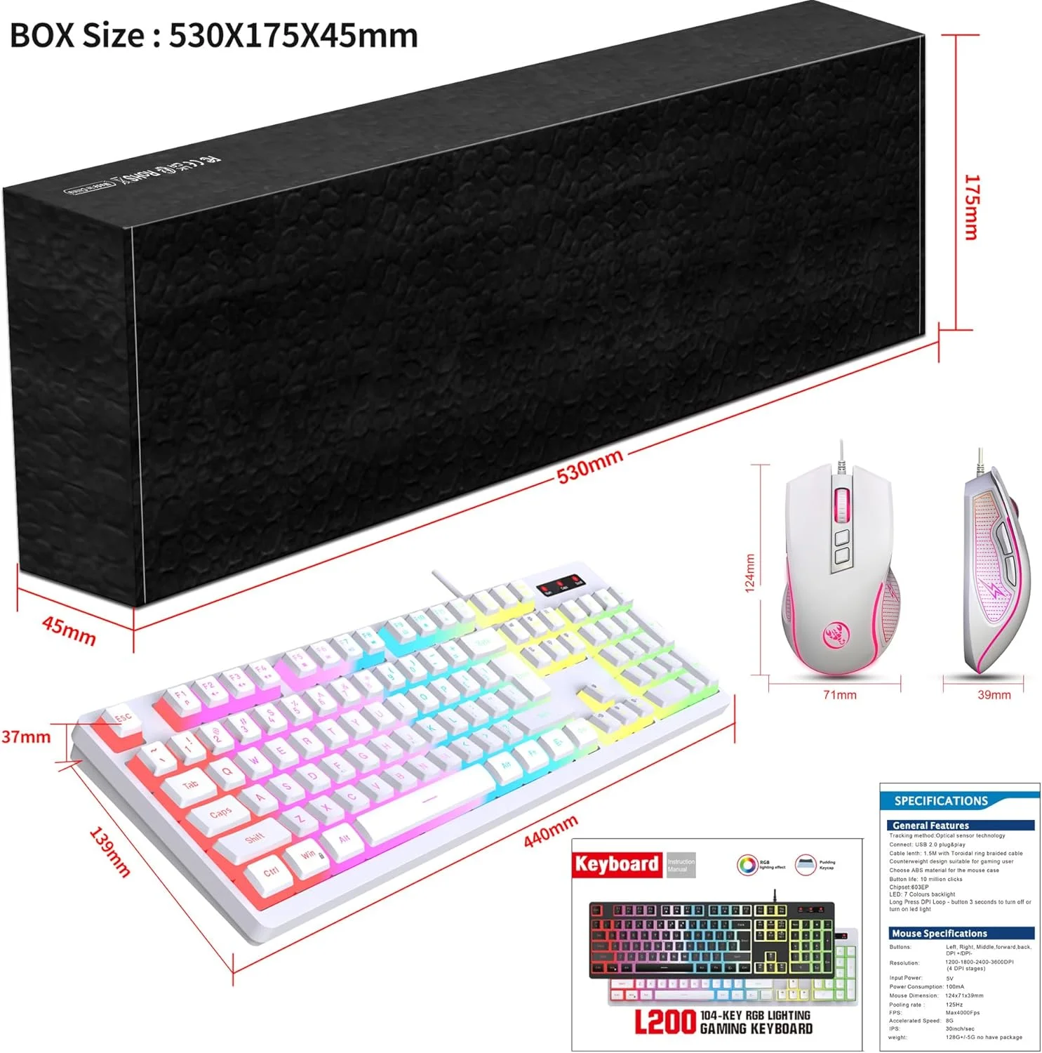 ست کیبورد و ماوس گیمینگ HXSJ، نور پس زمینه RGB LED، حس مکانیکی، سیم دار، کلیدهای PBT، کابل USB برای PC/Mac (سفید) ست کیبورد و ماوس گیمینگ HXSJ، نور پس زمینه RGB LED، حس مکانیکی، سیم دار، کلیدهای PBT، کابل USB برای PC/Mac (سفید)