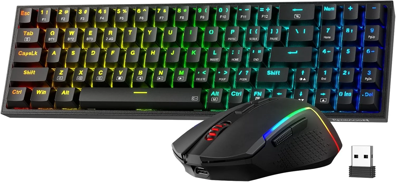 مجموعه کیبورد و ماوس گیمینگ رِدراگون S136، کیبورد مکانیکی RGB بی‌سیم سه‌حالته 75% K628 و ماوس گیمینگ بی‌سیم 7200 DPI، دانگل مشترک