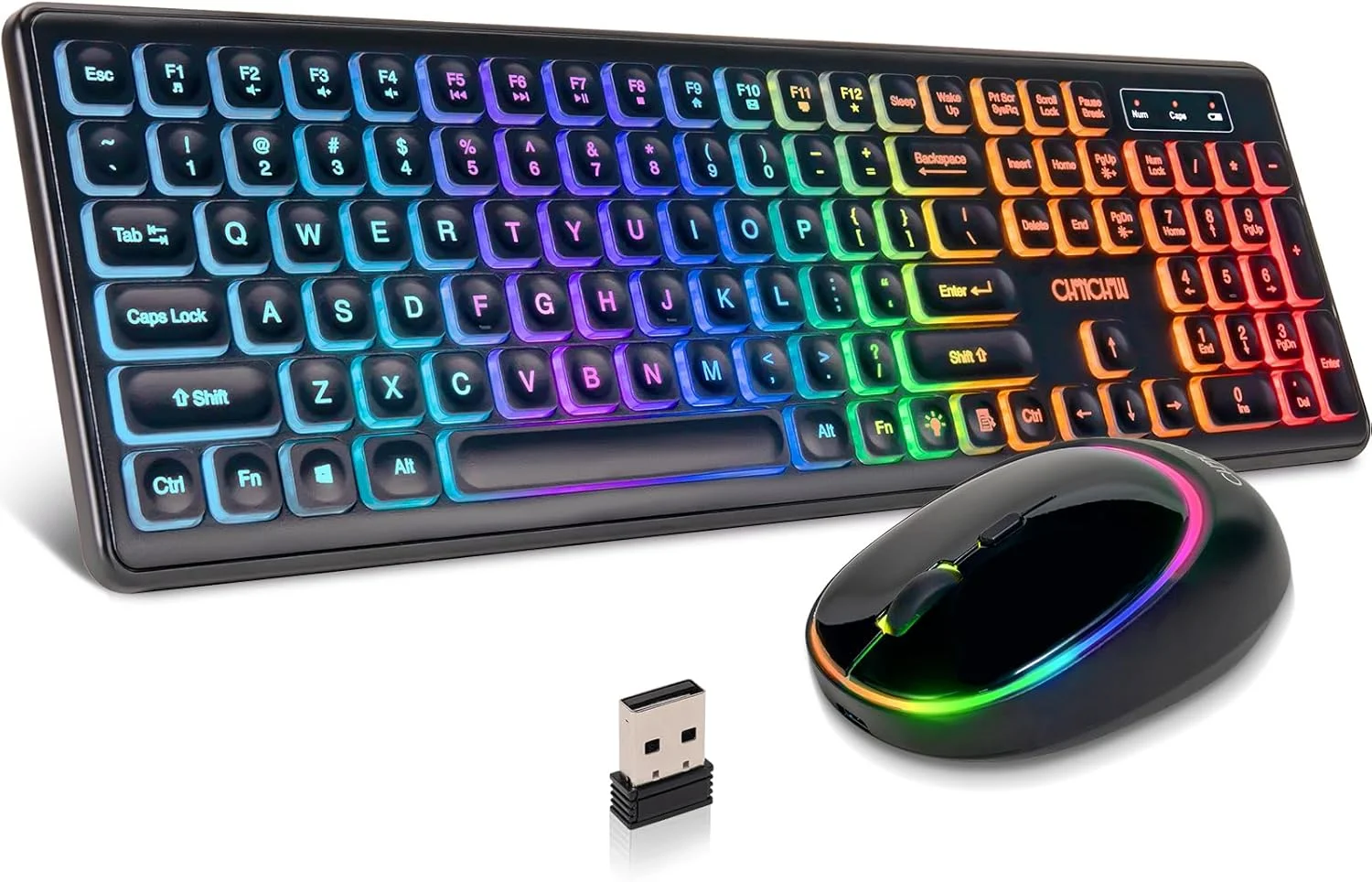 کیبورد و ماوس بی‌سیم CHONCHOW، کمبو LED شارژی، کیبورد با نور پس‌زمینه RGB، ماوس بی‌صدا USB 2.4g مینی با باتری بزرگ برای کار و بازی، سازگار با ویندوز، مک، لینوکس به همراه دفترچه راهنما W300