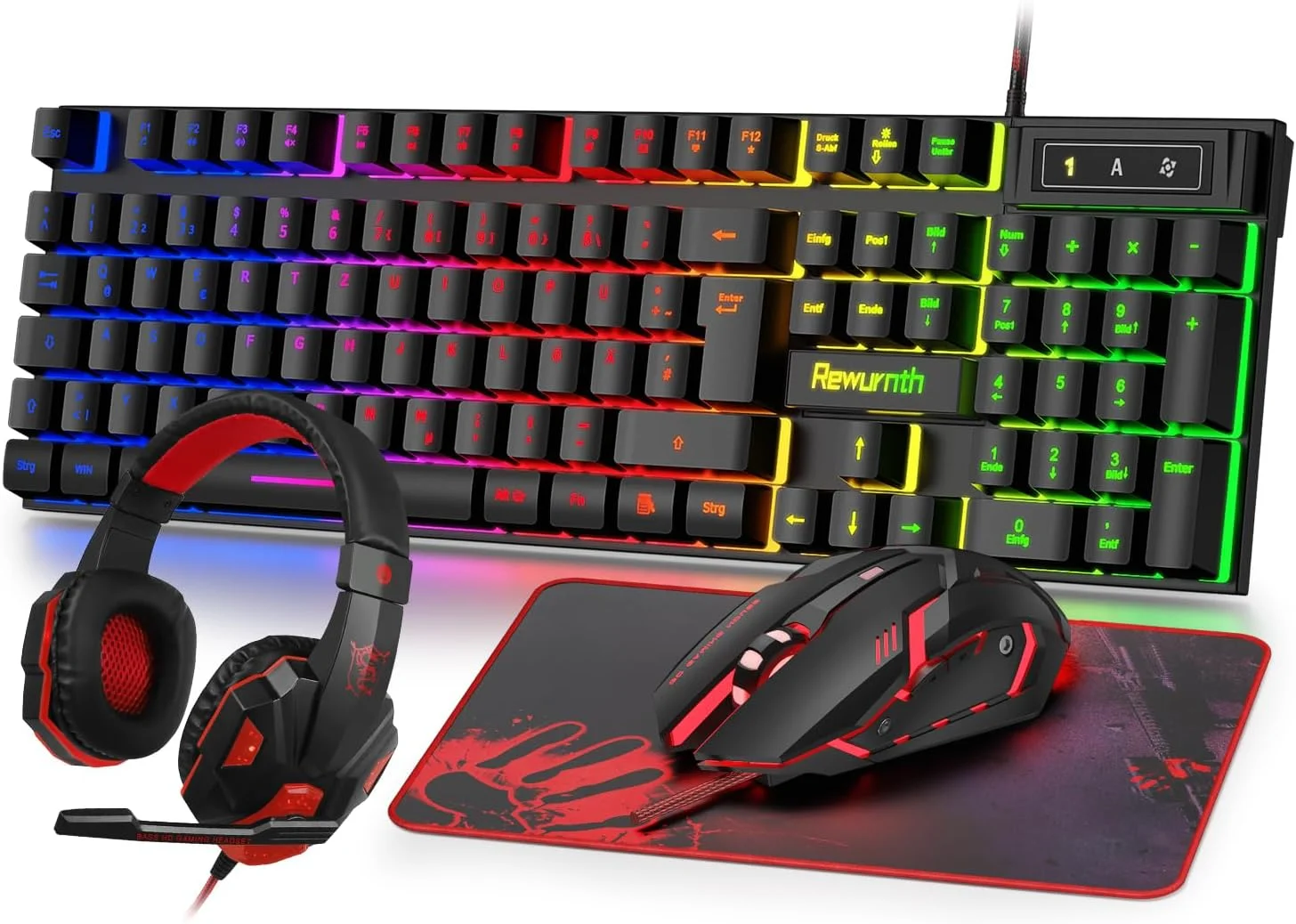 ست کیبورد گیمینگ Rewurnth، ماوس و هدست، طرح‌بندی QWERTZ DE، کیبورد با نورپردازی RGB، ماوس گیمینگ LED 4 رنگ، هدفون Over-Ear، ماوس پد بزرگ، USB سیمی برای PC Mac PS5 Xbox