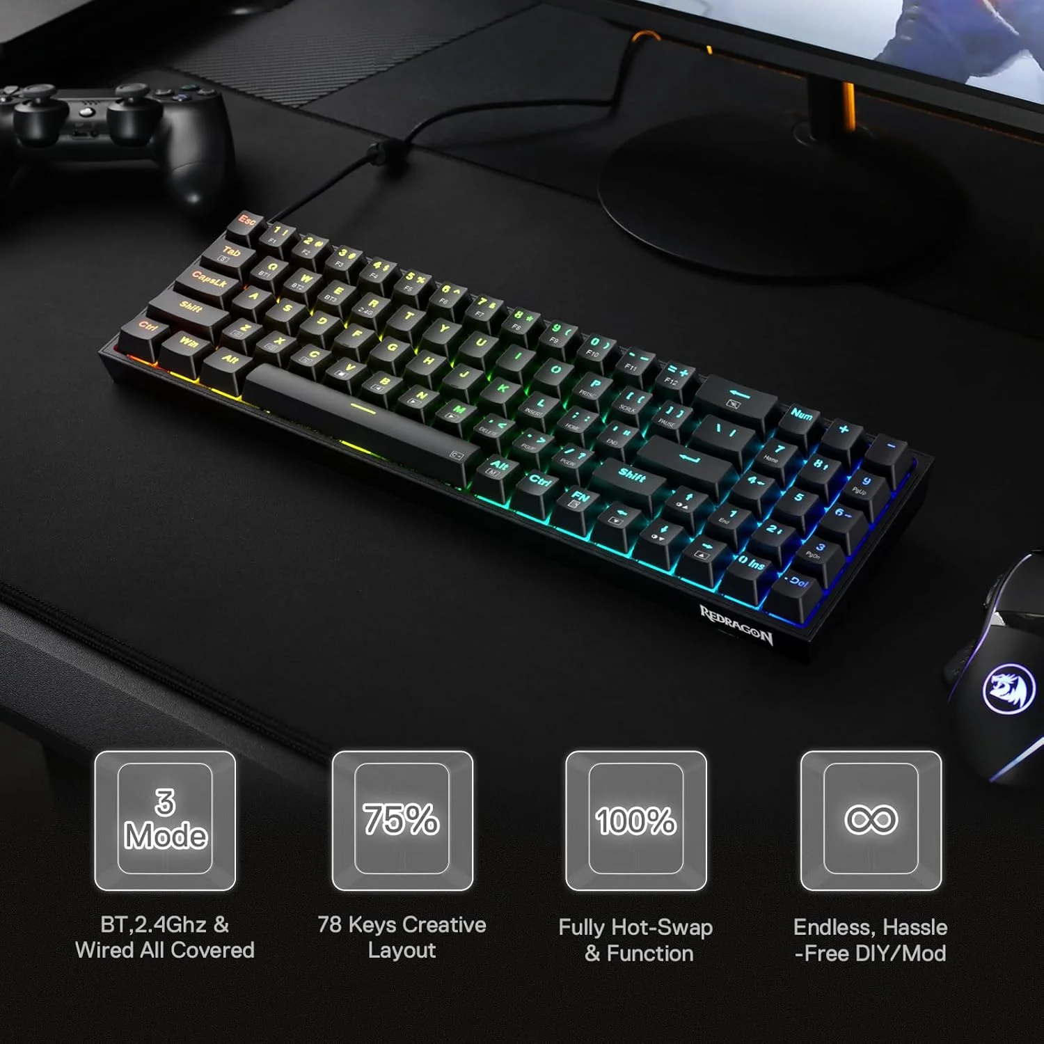 مجموعه کیبورد و ماوس گیمینگ رِدراگون S136، کیبورد مکانیکی RGB بی‌سیم سه‌حالته 75% K628 و ماوس گیمینگ بی‌سیم 7200 DPI، دانگل مشترک