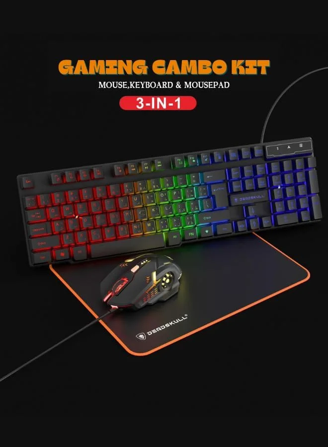 ست کیبورد و ماوس گیمینگ، کیبورد سیم دار با نور پس زمینه رنگین کمانی LED و ماوس RGB با DPI 800-3200، مناسب گیمینگ برای PS4 Xbox PC Laptop Mac DS-KB334 - مشکی
