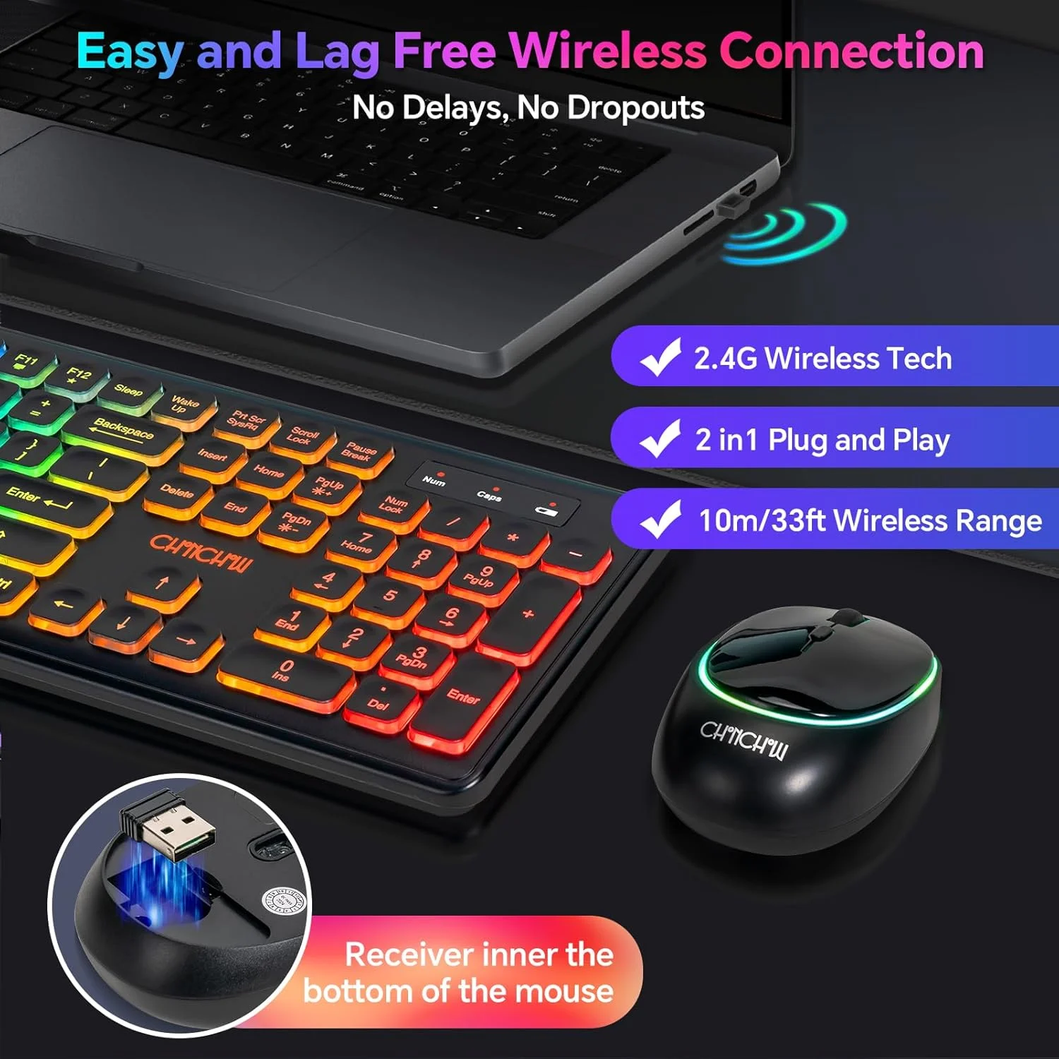 کیبورد و ماوس بیسیم CHONCHOW، کمبو LED شارژی، کیبورد با نور پسزمینه RGB، ماوس بیصدا USB 2.4g مینی با باتری بزرگ برای کار و بازی، سازگار با ویندوز، مک، لینوکس به همراه دفترچه راهنما W300 کیبورد و ماوس بیسیم CHONCHOW، کمبو LED شارژی، کیبورد با نور پسزمینه RGB، ماوس بیصدا USB 2.4g مینی با باتری بزرگ برای کار و بازی، سازگار با ویندوز، مک، لینوکس به همراه دفترچه راهنما W300